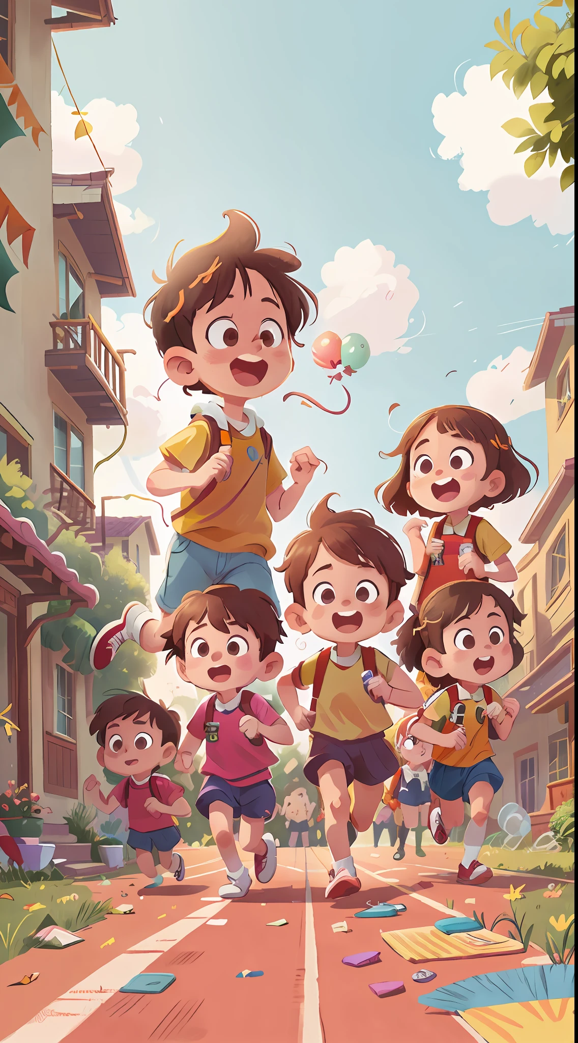 (SFW), a group of running children, in front of the school, holding balloons, happy, happy, perfect quality, clear focus, (clutter - home: 0.8), (masterpiece: 1.2) (Realistic: 1.2) (bokeh) (Best quality) (Detailed skin: 1.3) (Intricate details) (8K) (Detail Eyes) (Sharp Focus), (Happy)