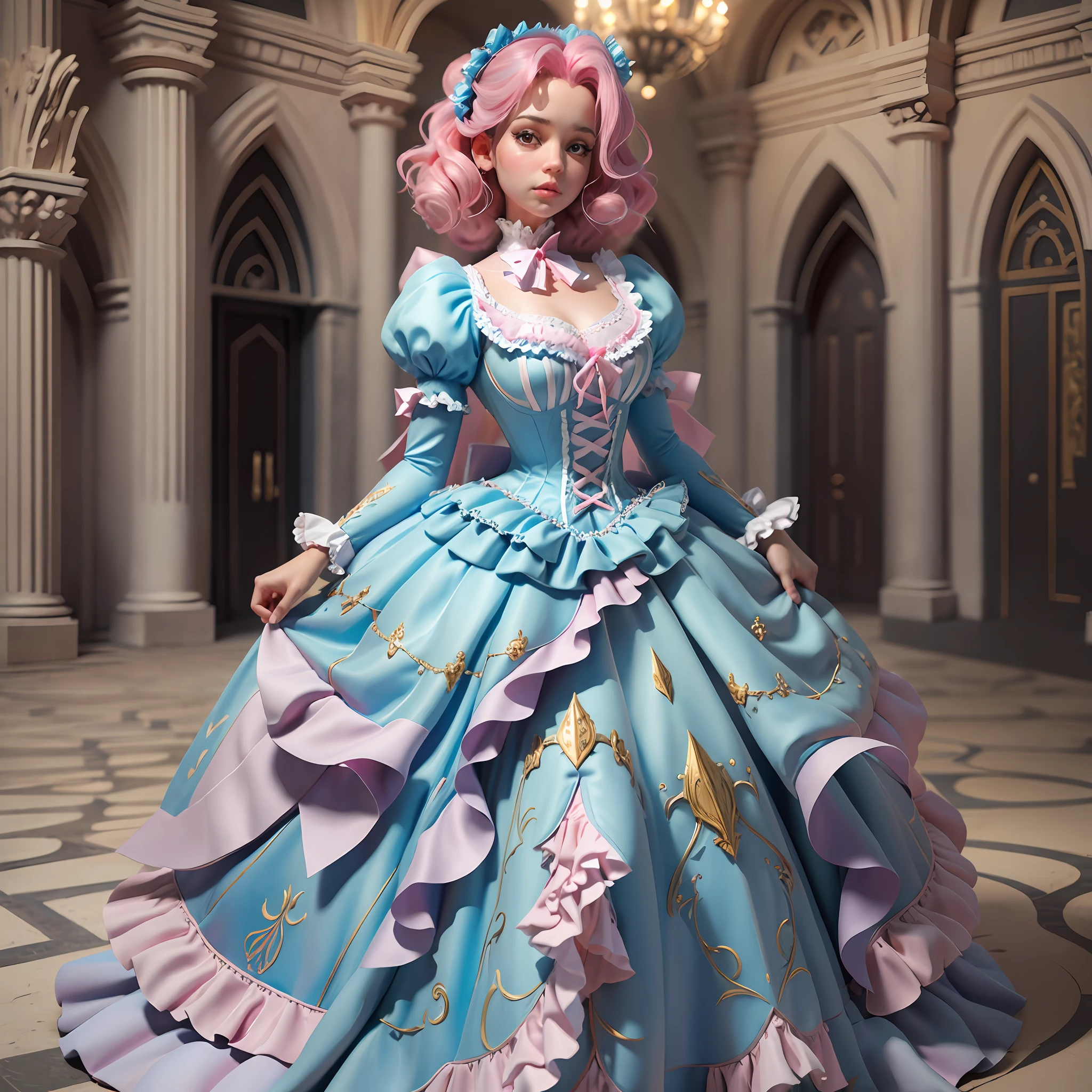 best quality, masterpiece, best definition, artwork, super detailed, many details, details, detailed, woman, 20 years, full body, full body, ball gown, super detailed dress, long dress, dress with many ruffles, dress with many bows, pink bows, victorian dress, detailed victorian dress, victorian dress with bows, pink, ruffles, many ruffles, very bulky dress, light blue dress, dress with ruffles, bows, many bows, woman, full body, pink hair.