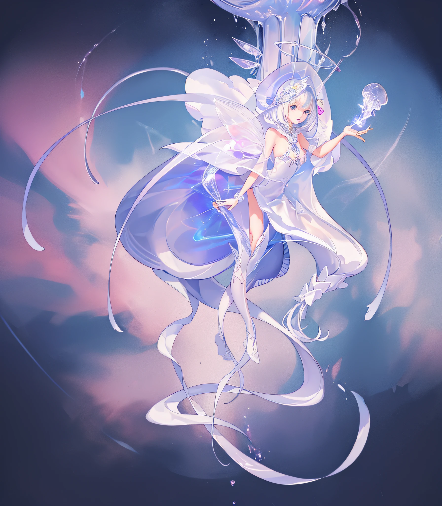 Anime characters with white dress and purple cape, jellyfish priestess, ice witch, white haired god, astral fairy, anime goddess, spirit fantasy concept art, jellyfish shrine girl, white witch, jellyfish god, ((character concept art)), standing painting, high quality,