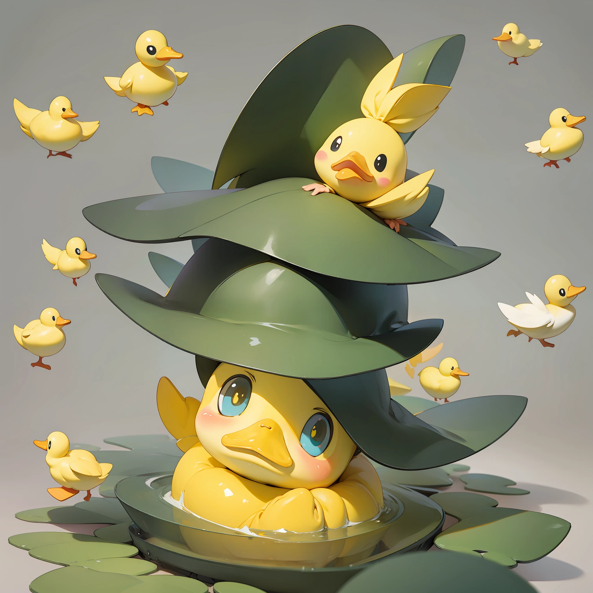 cute and small yellow duck wearing a witch hat, illustration, no humans