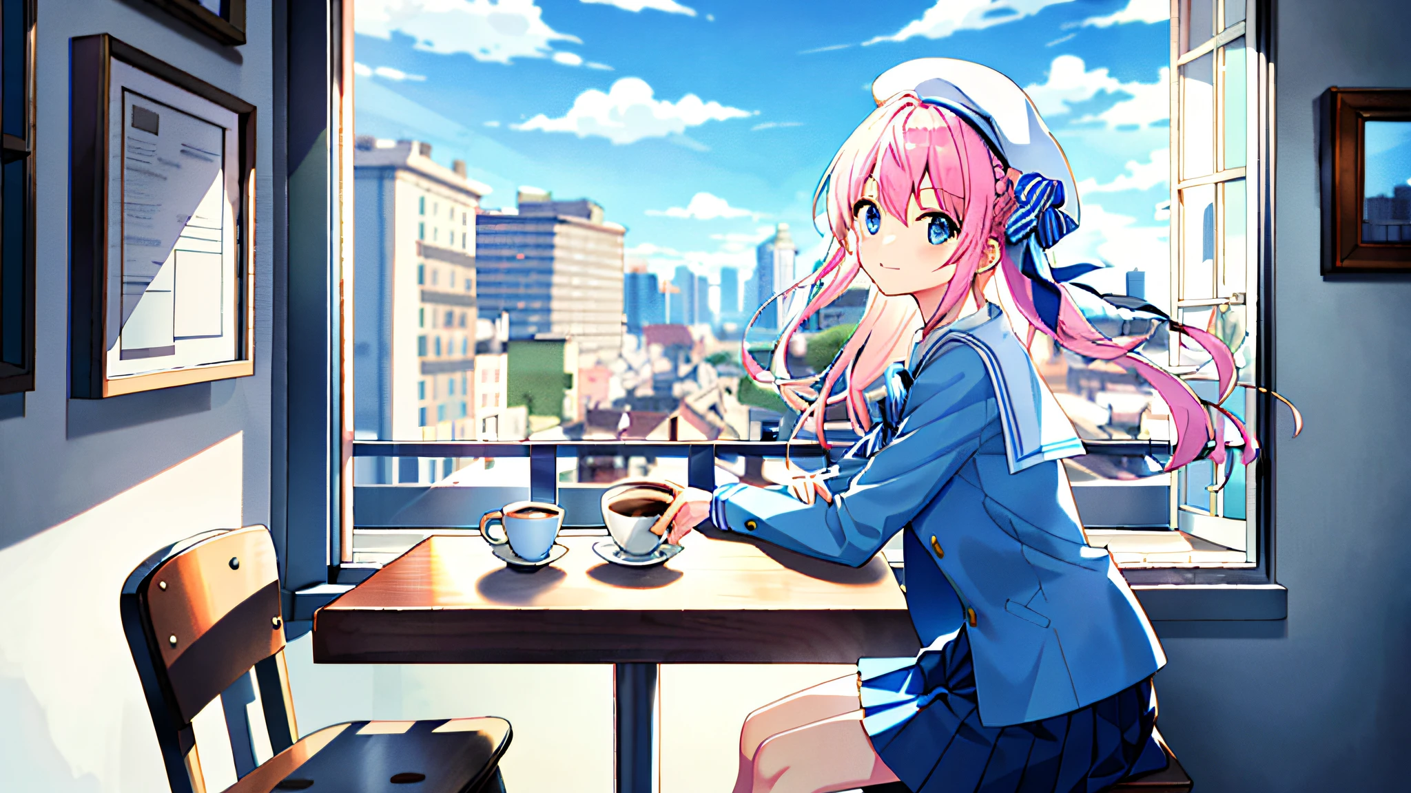 (masterpiece), highres, official art,high contrast,city,building,indoors,cafe, cowboy shot, window, big table, blue sky, coffee cup,sunny day,soft light, blue sky, street,from side,sitting, 
1girl, long hair, pink hair, french braid, azure-blue eyes, solo, white beret with, (blue and white stripe bow), semi-open coat, cute face, sailor shirt, pleated skirt, white thinghighs,