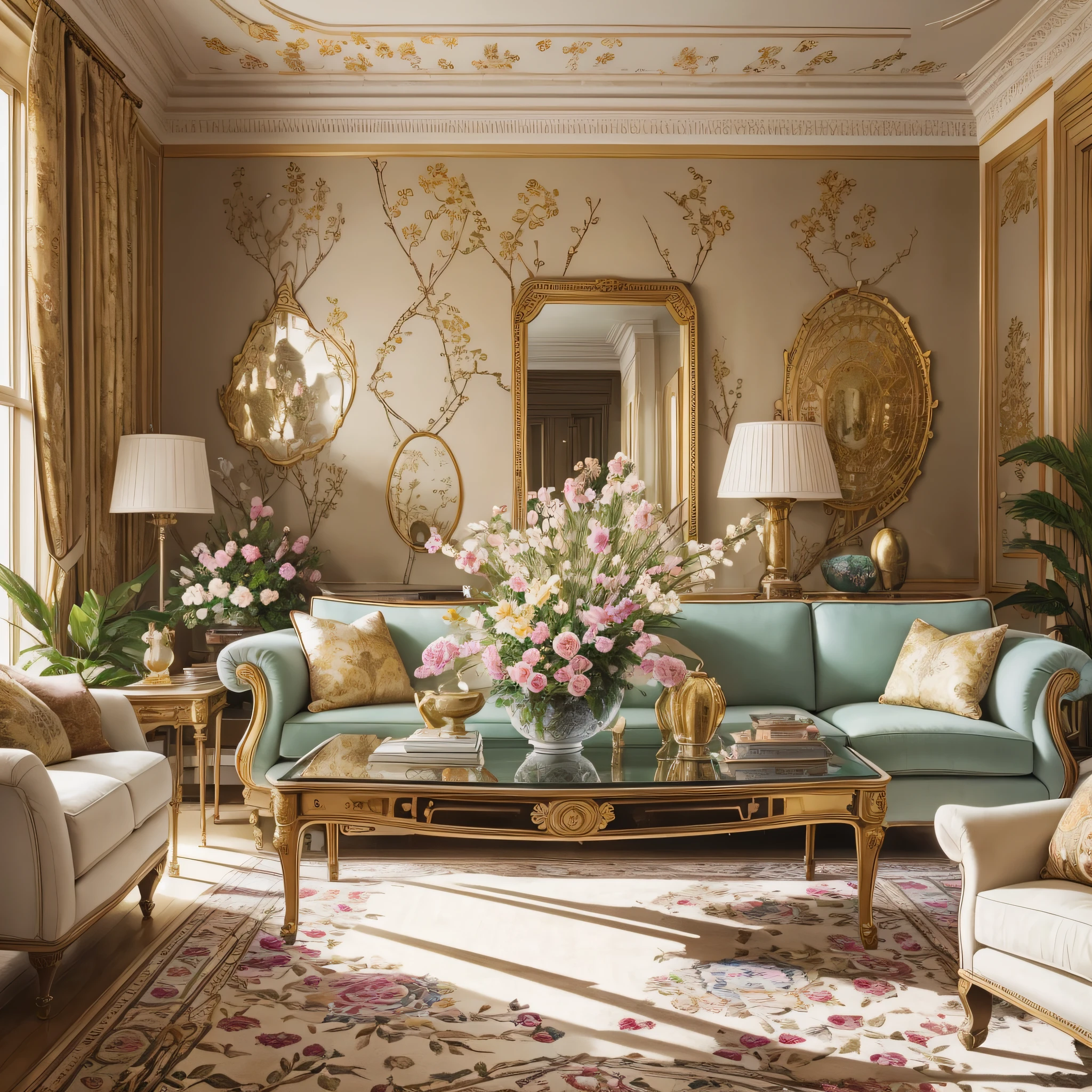 Architectural Digest photo of a living room with lots of flowers and plants, golden light, hyperrealistic surrealism, award winning masterpiece with incredible details, epic stunning --auto --s2