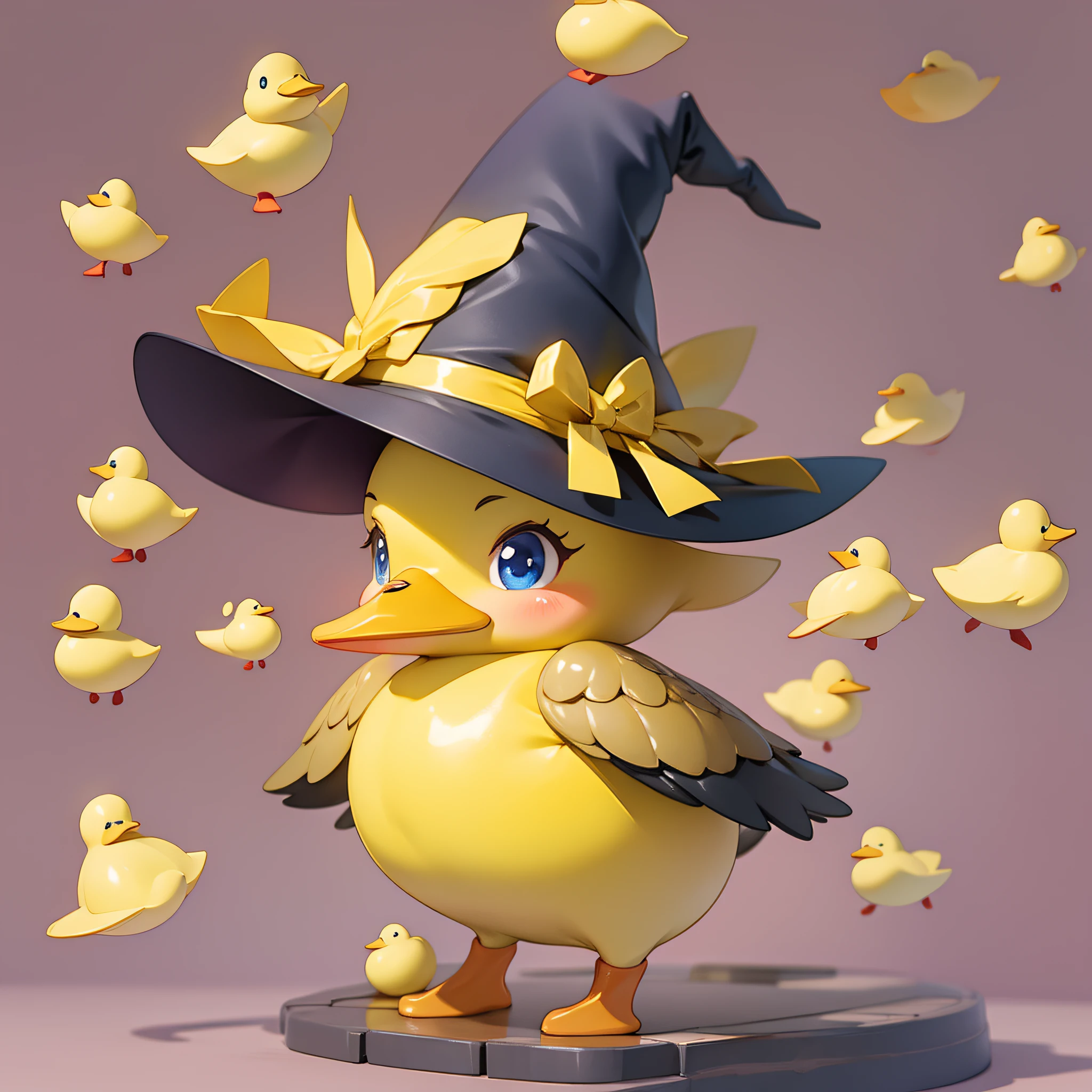cute and small yellow duck wearing a witch hat, illustration, no humans