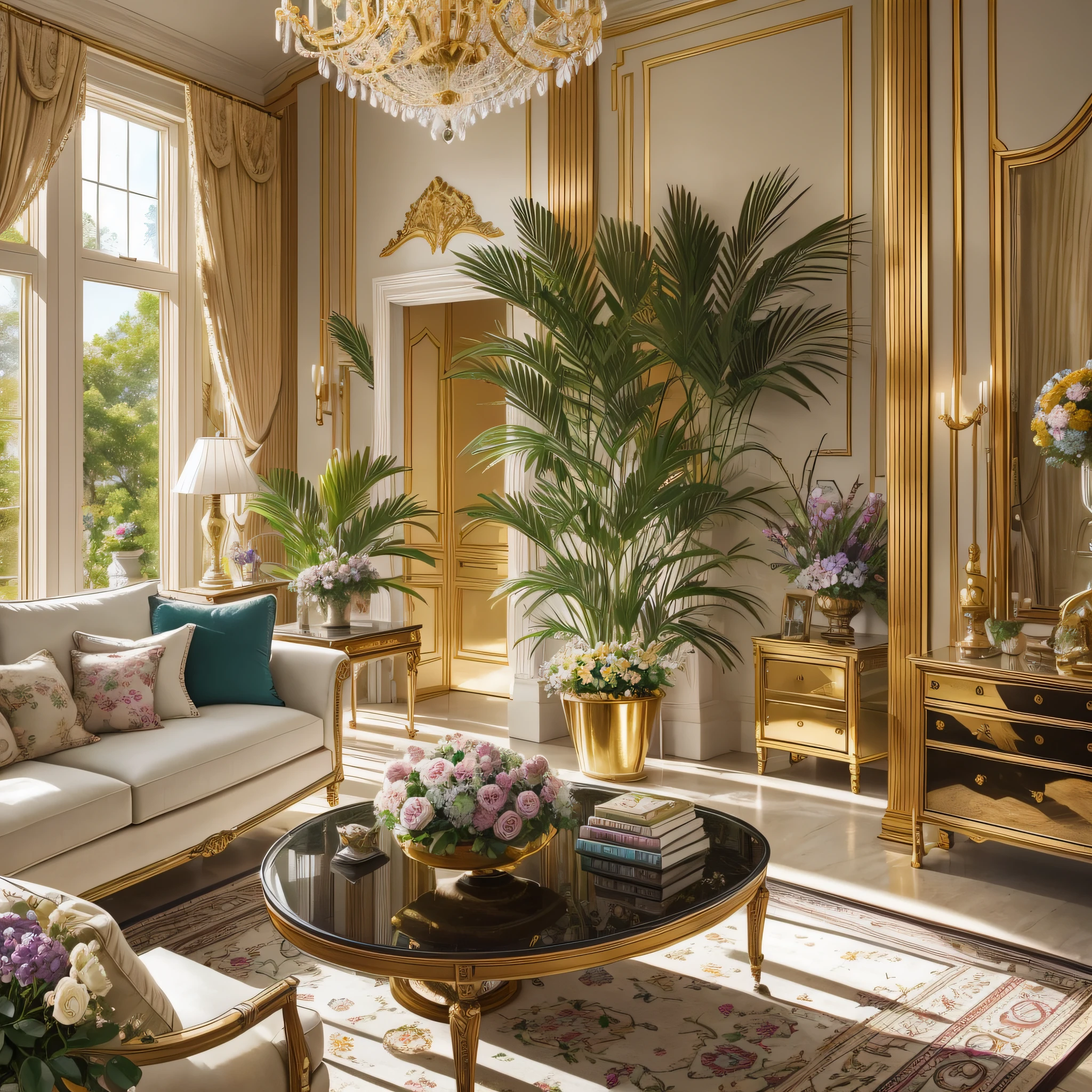 Architectural Digest photo of a living room with lots of flowers and plants, golden light, hyperrealistic surrealism, award winning masterpiece with incredible details, epic stunning --auto --s2