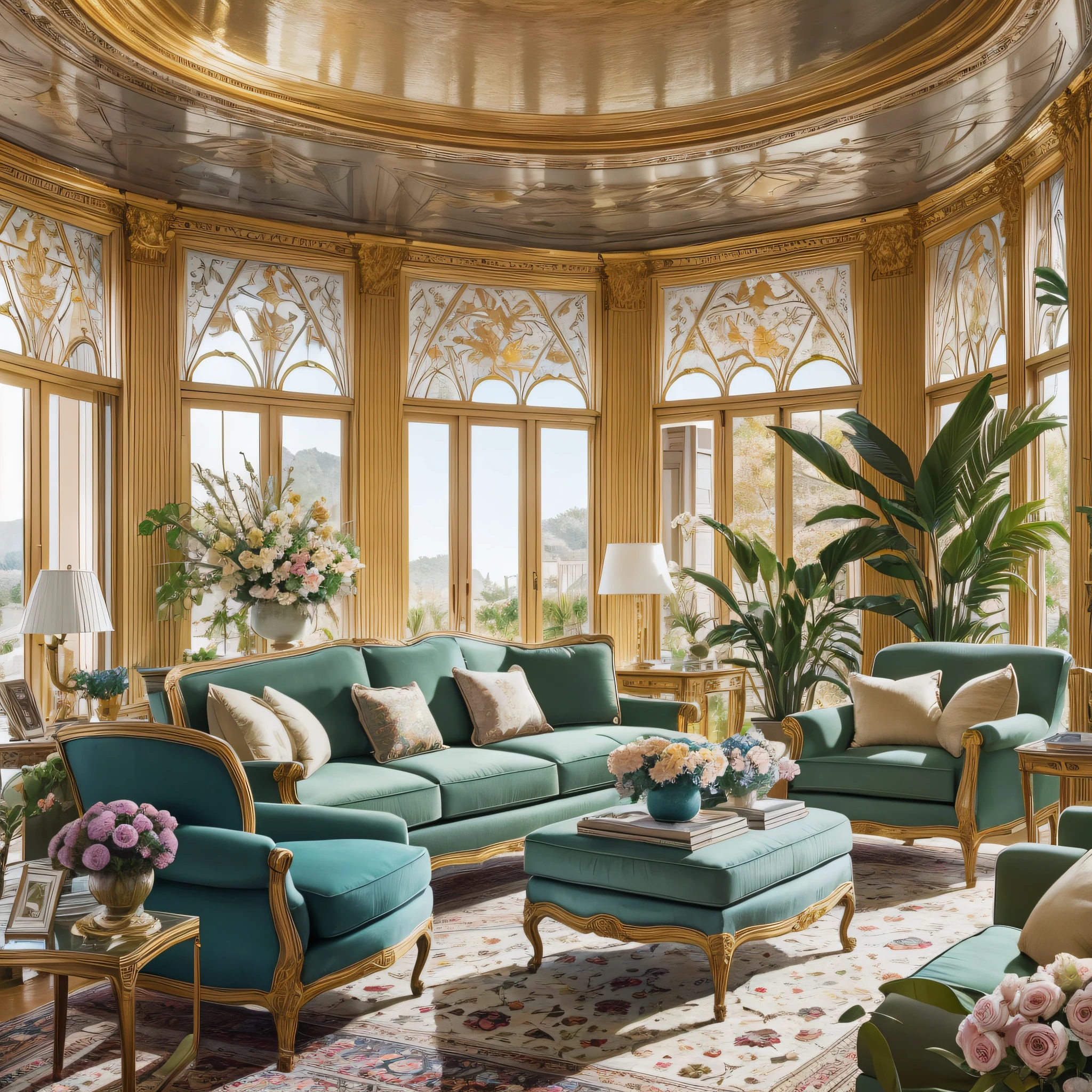Architectural Digest photo of a living room with lots of flowers and plants, golden light, hyperrealistic surrealism, award winning masterpiece with incredible details, epic stunning --auto --s2