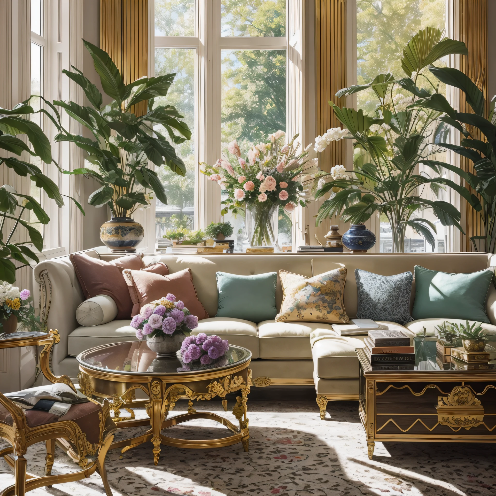 Architectural Digest photo of a living room with lots of flowers and plants, golden light, hyperrealistic surrealism, award winning masterpiece with incredible details, epic stunning --auto --s2