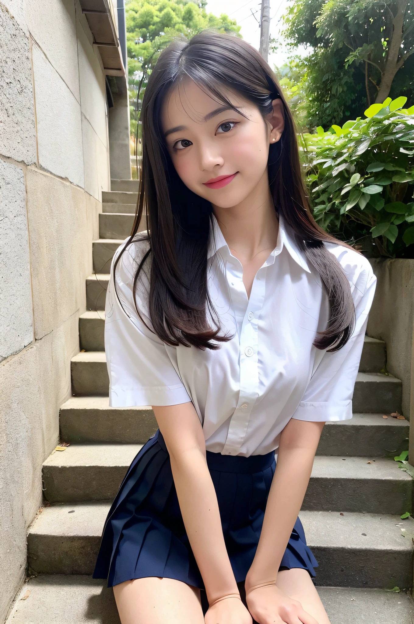 White blouse with tie, dark blue skirt, Souryu Asuka langley, (school uniform: 1.2), (Tokyo-3 junior high school uniform), 1 girl, (15:1.2), , cute girl, famous Japan idol, cute, realistic body, petite, fair skin, radiant skin, slim body, handsome body, black hair, long straight hair, smile, cute, youthful cute face, realistic face, delicate eyes, flabby eyes, looking at the camera, contrappost, white shirt, from behind, short sleeves, bangs, white socks, suspender skirt, blue skirt, blue dress, outdoors, dress, hair ornament, skirt rolled up, (sometimes you see panties: 1.2),embarrassing,(medieval italia street,cobblestones), aegean,(8k, raw photos, best quality, Masterpiece: 1.2), Ultra detail, Super resolution, (Real, Real photos: 1.37), Portrait, High definition RAW color photos, Professional photos, Very detailed and beautiful, Very detailed, 8k wallpaper, Amazing details, Huge file size, Official Art, Very detailed CG Unity 8k wallpaper, Very detailed beautiful girl, Very detailed face, Very detailed eyes, Very detailed skin, Very detailed fingers, Very detailed nose, very detailed mouth, perfect anatomy, very detailed background, very detailed clothes, stairs, Nogizaka girl, (NSFW:1.5),
