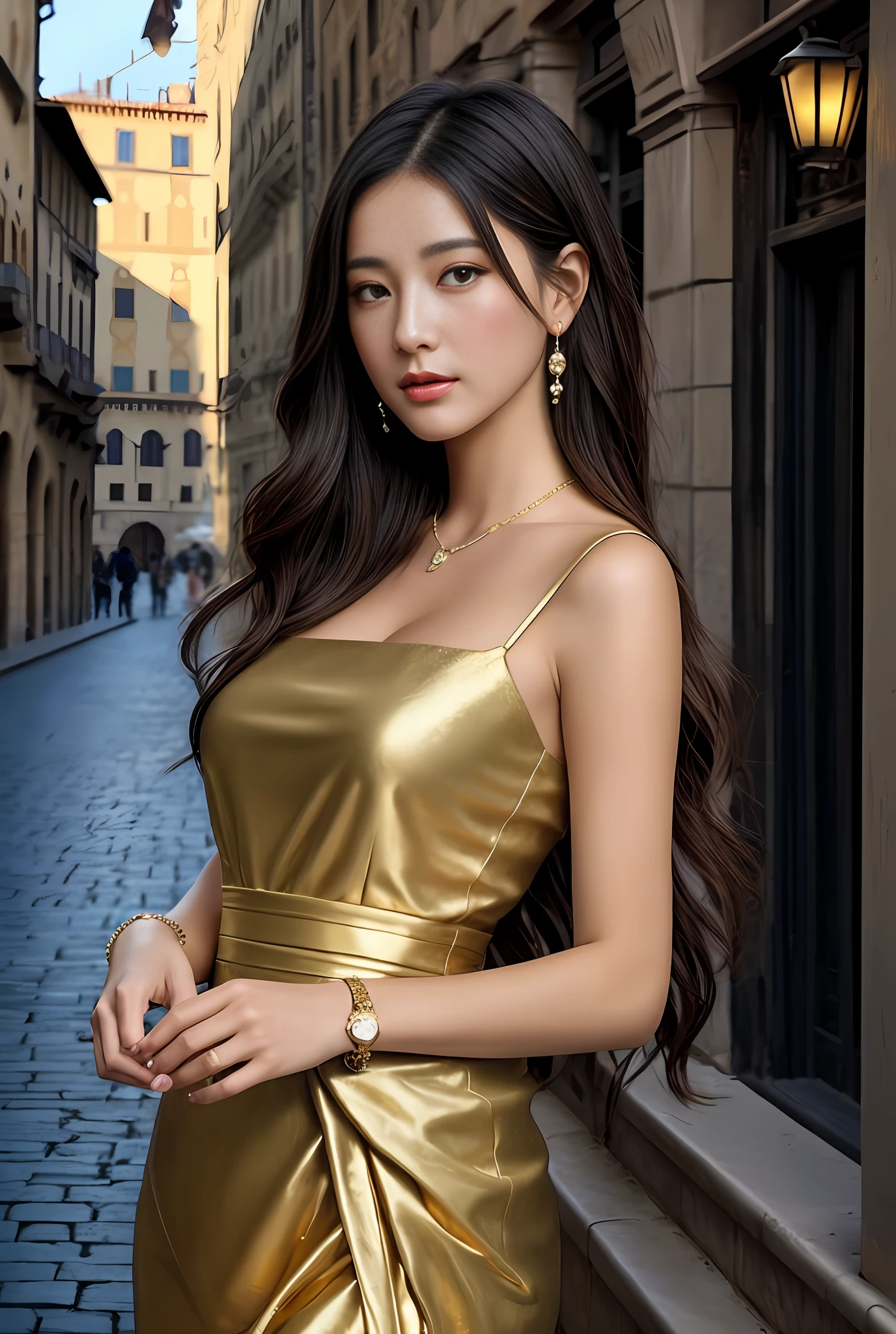 Model shooting style, (extremely detailed CG Unity 8k wallpaper), full-shot body photo of the most beautiful artwork in the world, stunning beautiful photo realistic available, an ultra-realistic ultra-detailed photo, a beautiful girl as a female dancer on the street of Florence, intricate dress, gold,banquet, crowd, [slight smile],(Palazzo Vecchio And Piazza della Signoria background), (princess eyes, shining pupils), detailed symmetrical beautiful hazel eyes, detailed gorgeous face, highly detailed, vibrant, professional majestic oil painting, By Ed Blinkey, Atey Ghailan, Studio Ghibli, Jeremy Mann, Greg Manchess, Antonio Moro, ArtStation Trends, CGSociety Trends, Complex, High Detail, Sharp Focus, Dramatic, Photorealistic Painting Art by Midjourney and Greg Rutkowski