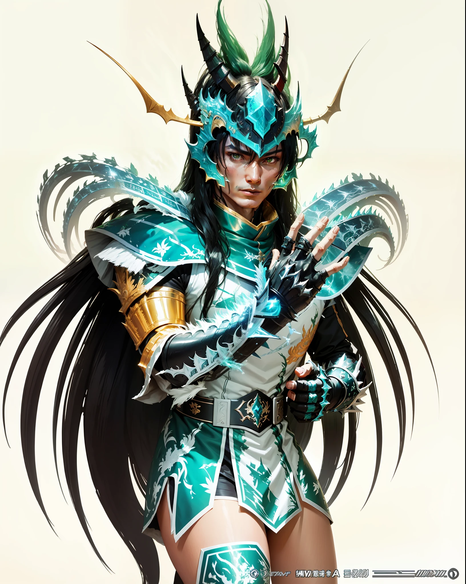 Shiryu(knights of the zodiac), Armor(green) of dragon, long black hair, looking at the viewer, perfect hand with four fingers and a thumb, unreal engine 5, 8k.