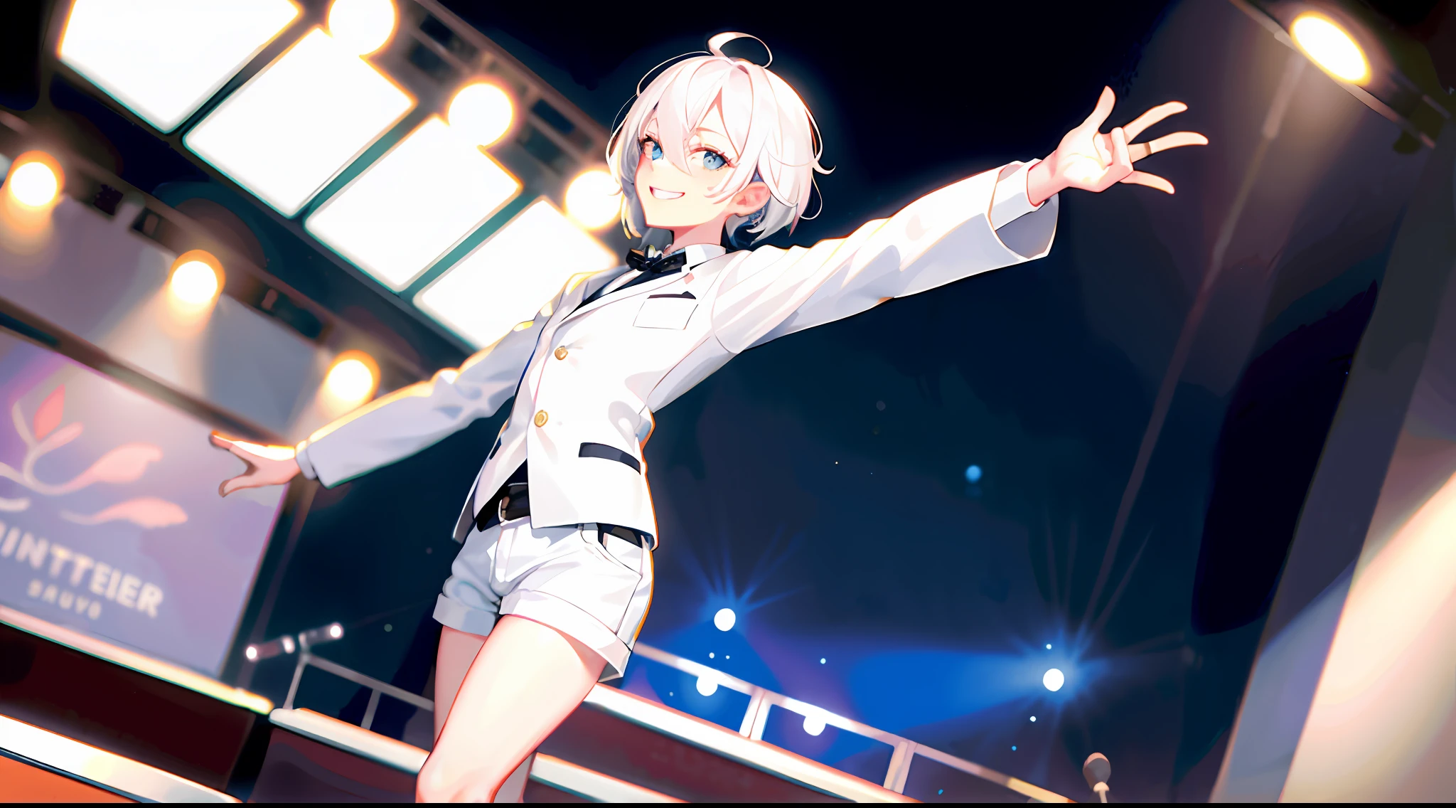 (at night), 1 Bob hairstyle slim boy butler, white hair, shorts, knee socks, solo, watching the audience, winter, cowboy shot, (concert tour), low angle shot, smile, white hair, singing