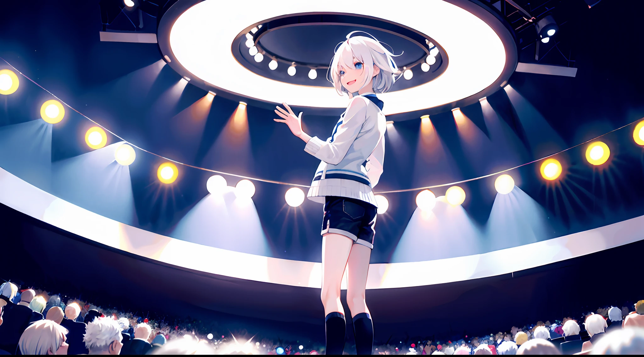 (at night), 1 Bob hairstyle slim boy butler, white hair, shorts, knee socks, solo, watching the audience, winter, cowboy shot, (concert tour), low angle shot, smile, white hair, singing