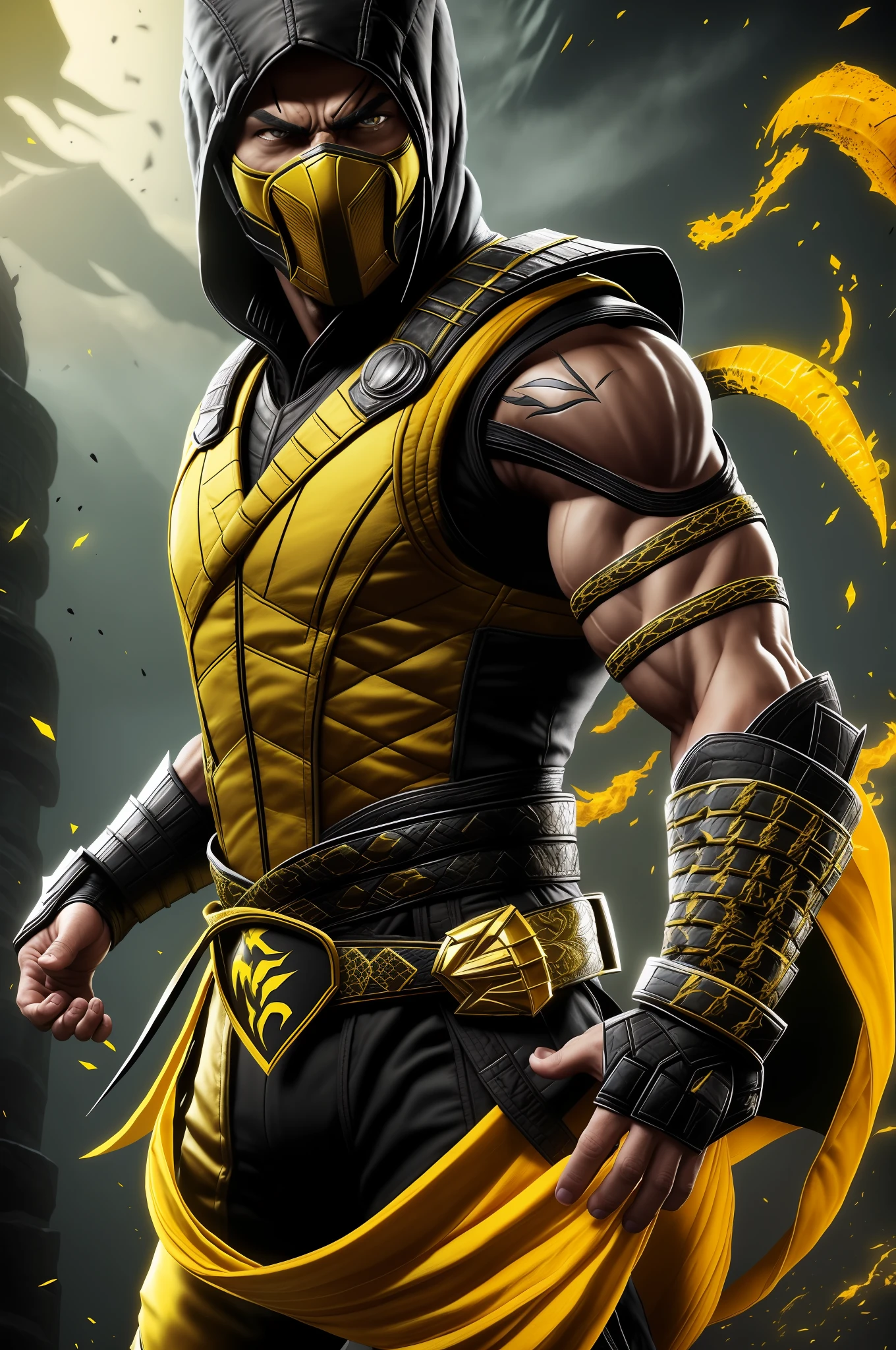 a close up of a man in a yellow and black outfit, scorpion from mortal kombat, character from mortal kombat, mortal kombat 11, in mortal kombat, mortal kombat, scorpion, hq 4k phone wallpaper, mk ninja, phone wallpaper, hq 4k wallpaper, snoop dogg in mortal kombat, 4 k post, 4k post, style of mortal kombat