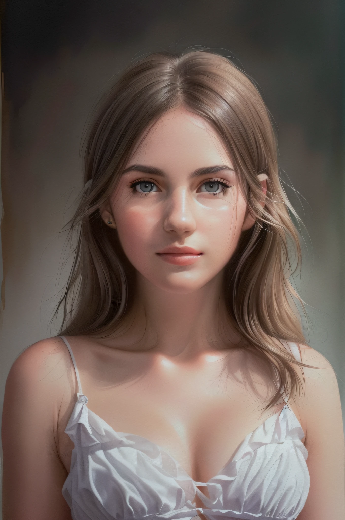 staring at us, ealistic light, pretty lady,age23, pretty face, bright face with lowered eyes, smooth skin, dark hair, black eyes portrait painting, soft light from the front of the face, simple camisole dress that prevents hair shadows on the face, Top Model, Ultra Detailed Painting, Big, See-Through Camisole Dress, Portrait Composition, Looking at Camera, Blur, 16k, 3D Rendering, Octane Rendering, Intricate Detail, 8K Post Production, High Resolution,Incredibly Realistic and Detailed Expression, Toon Body, Full Length Portrait, Full Length Photography, 8k UHD, Masterpiece, Ultra-fine details