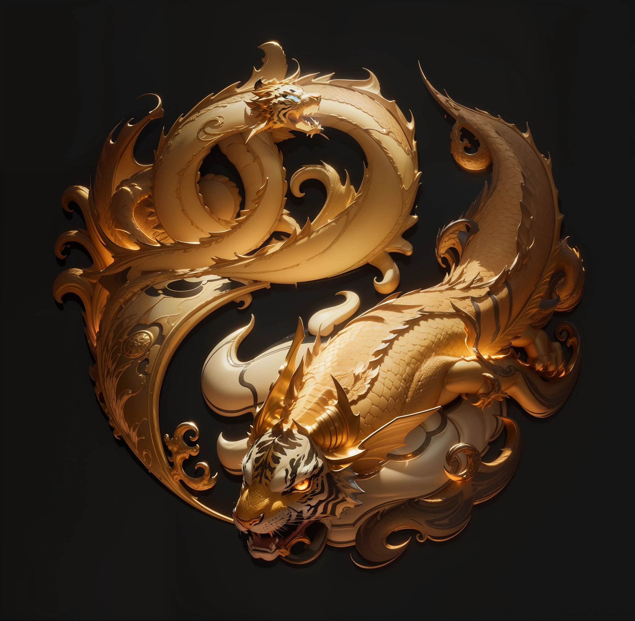Masterpiece, best quality, (very detailed CG unified 8k wallpaper), (best quality), (best illustration), (best shadow), glowing sprite, (particle effect) and other 3D, Octane rendering, ray tracing, super detailed, tiger and dragon, golden badge, tiger and golden dragon, flying, atmosphere, metallic, --auto --s2