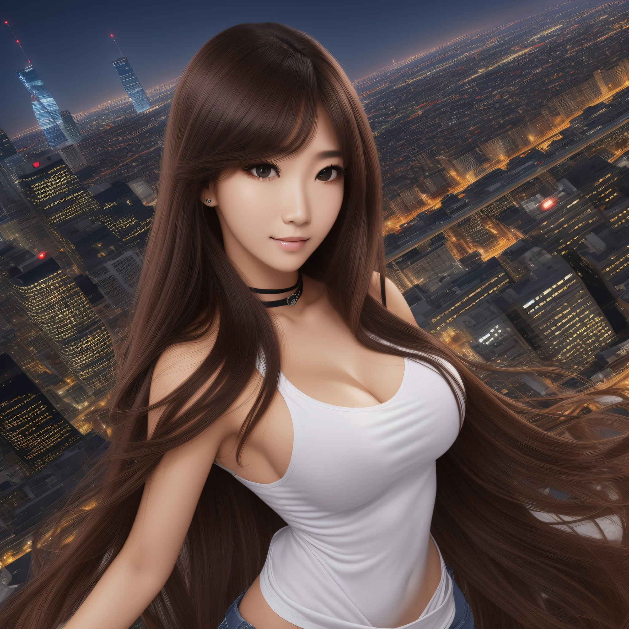 ((Midnight, Best quality, 8k, Masterpiece :1.3)), Whole body, Long legs, Sharp focus :1.2, A pretty woman with perfect figure :1.4, Slender abs :1.1, ((Dark brown hair, Big breasts :1.2)), (White tight tshirt, Jean bib, Standing:1.2), ((Night city view, Rooftop:1.3)), Highly detailed face and skin texture, Detailed eyes, Double eyelid --auto --s2