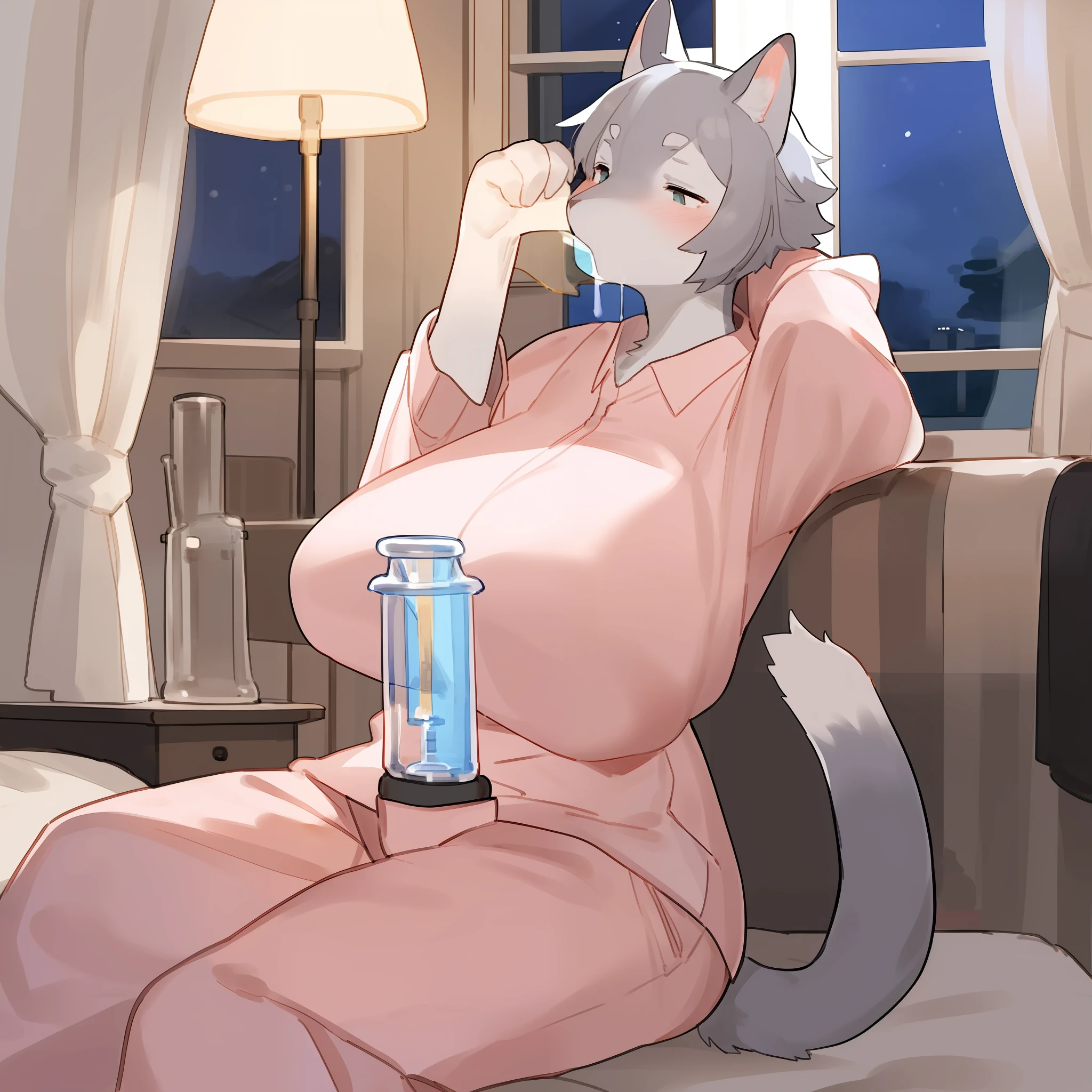 Grey cat sucking on a bong, bedroom, window, night, by bebebebebe, by buta99, wearing pink pajamas, big breasts