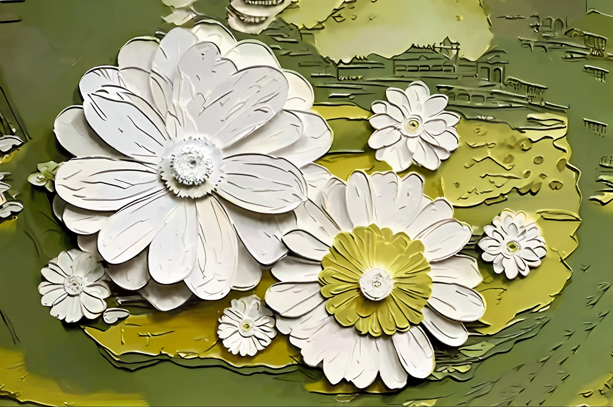 there is a close up of a painting of flowers on a green surface, oil paint impasto reliefs, layered paper art, detailed impasto, oil paint impasto relief, painted pale yellow and green, hyperdetailed painting, detailed impasto brushwork, 3 d oil painting, hyper detailed painting, unique and intricate painting, impasto painting