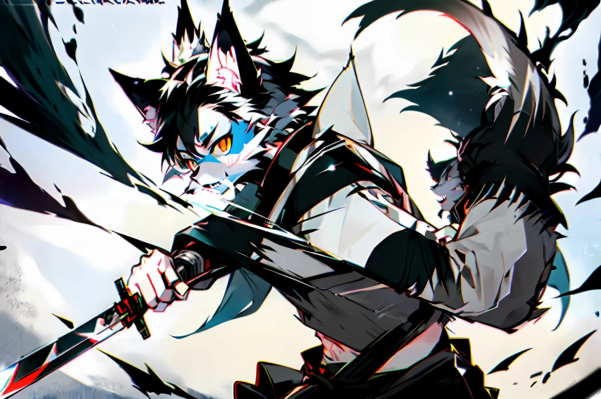 Anime style Gray and black wolf boy Battle-hardened and trained with symmetrical long-bladed weapons all over his body