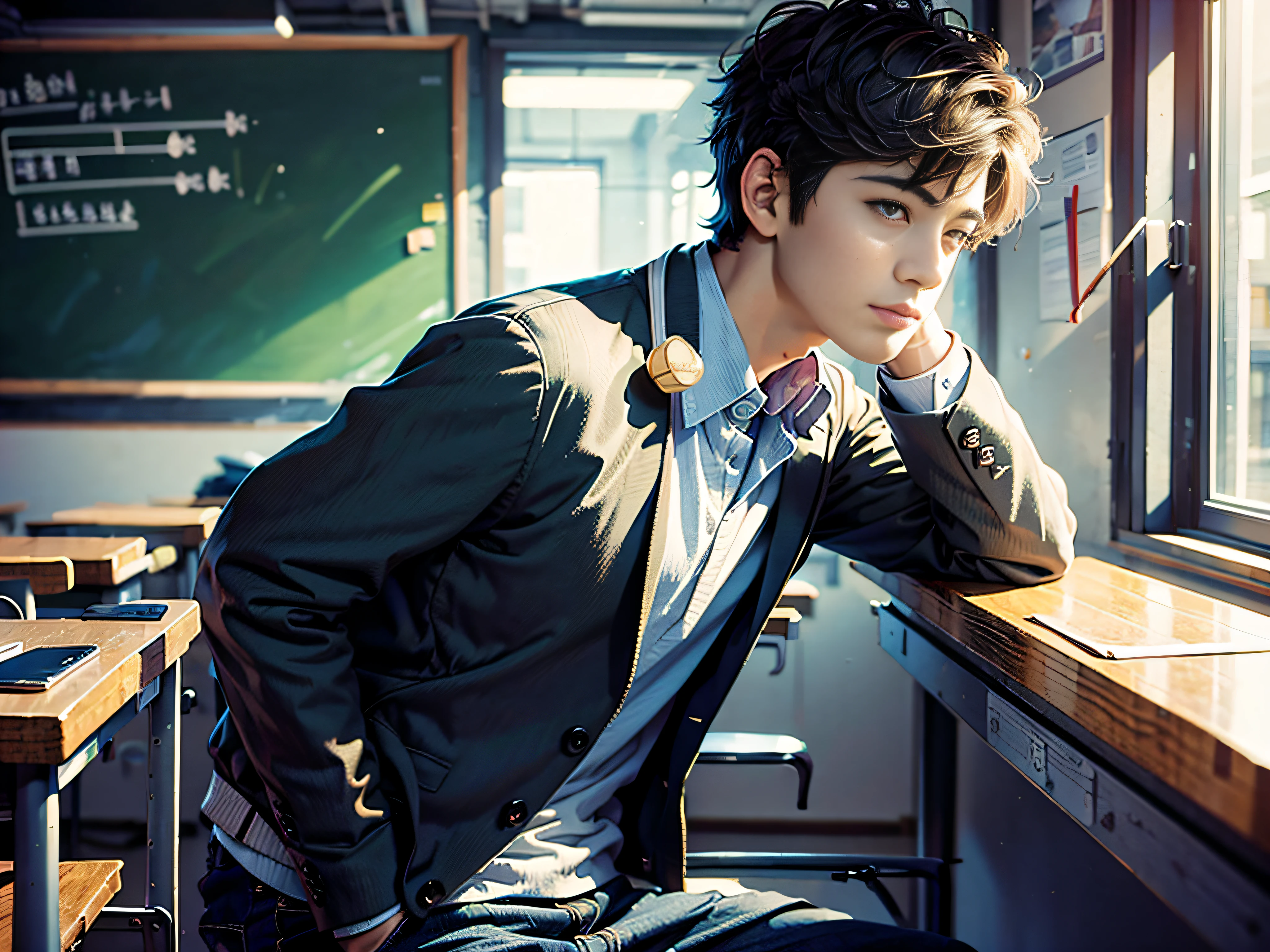 ((Masterpiece, Best Quality))1boy, Side View, Black Eyes, Casual Wear, School Uniform, Campus, Classroom,