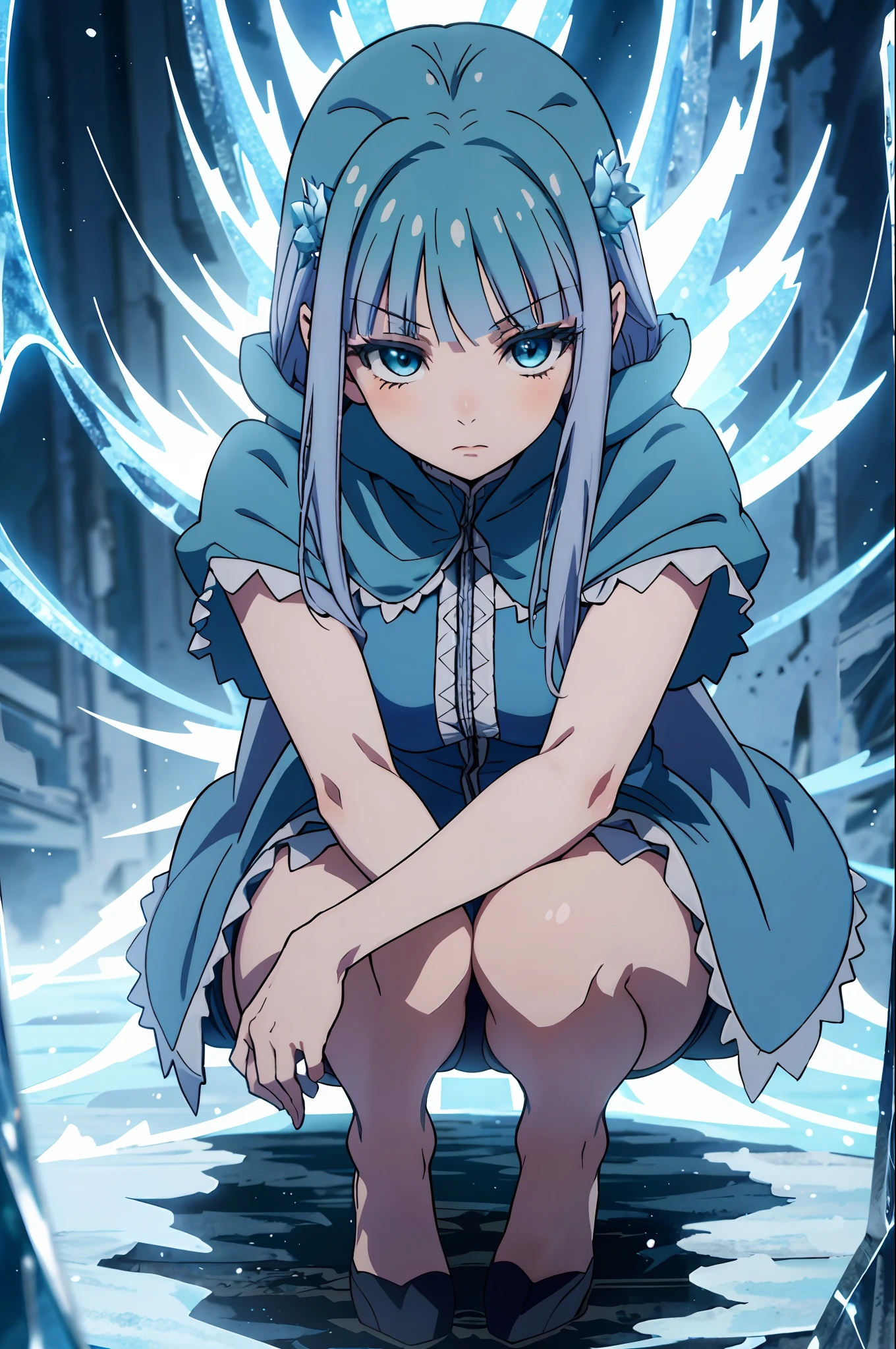 Mabel, anime style beautiful woman, masterpiece, best quality, girl, solo, squat down, hood cloak, bare leg, look at viewer, huge ice, blue background, from above,
[:hair flower: 0.5], highest quality, high resolution.