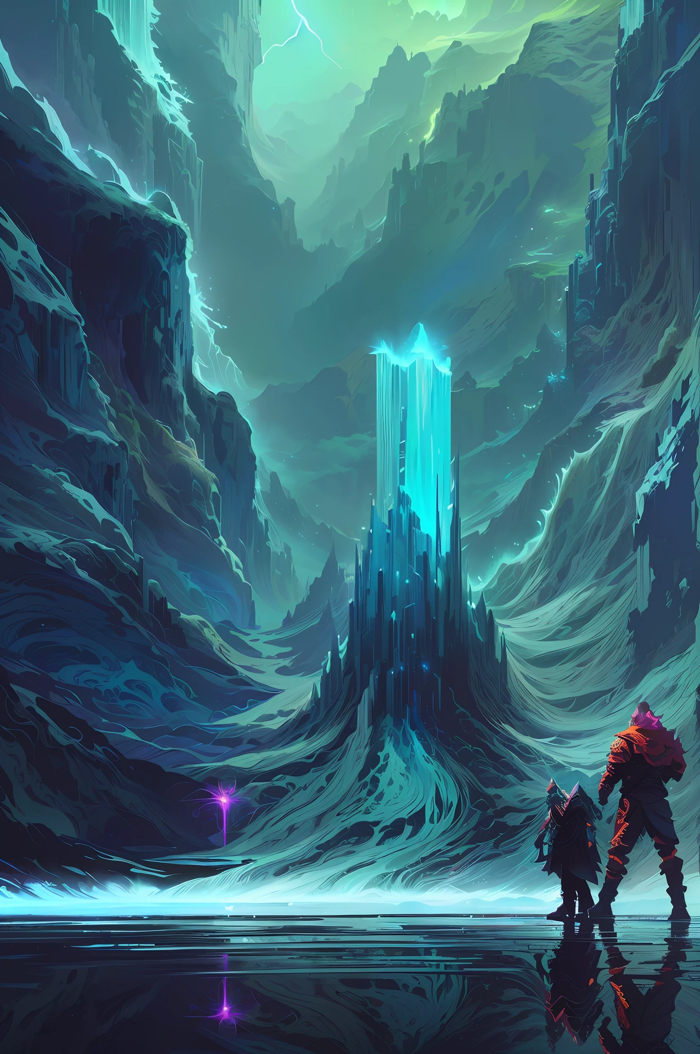 illustration of a man and a woman standing in front of a waterfall, fractal thunder dan mumford, inspired by Christopher Balaskas, epic fantasy sci fi illustration, 4 k hd illustrative wallpaper, anton fadeev and dan mumford, mythical gigantic space cavern, jen bartel, by Christopher Balaskas, dan mumford. concept art, concept art wallpaper 4k