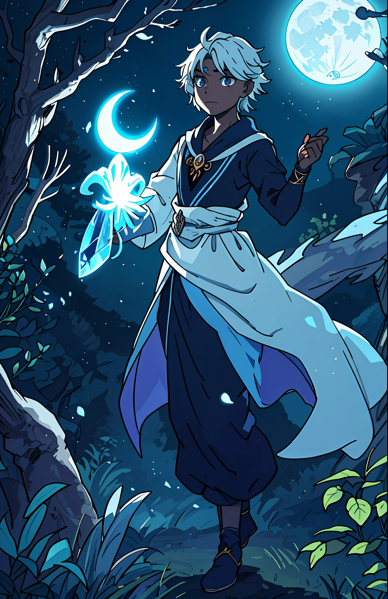 Luegui, a young half-Wizard and half-Fairy, has the power of the fairy and the moon, his black skin glows in the moonlight, his silver eyes, show to anyone his power linked to the Moon, his crystal blue hair, had a silver lock.