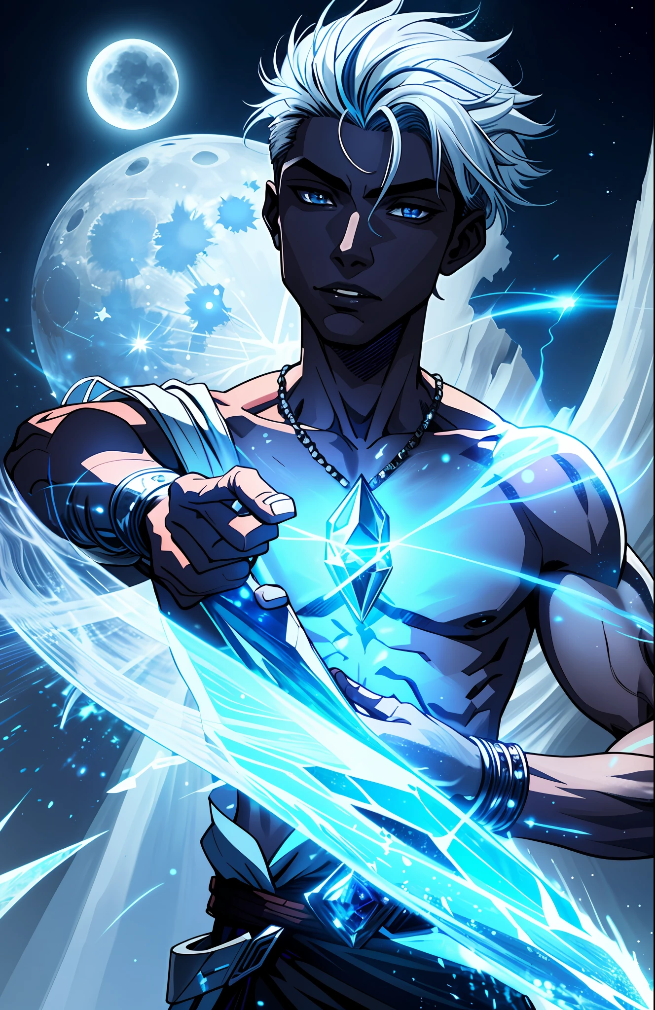 Luegui, a young half-Wizard and half-Fairy, has the power of the fairy and the moon, his black skin glows in the moonlight, his silver eyes, show to anyone his power linked to the Moon, his crystal blue hair, had a silver lock.