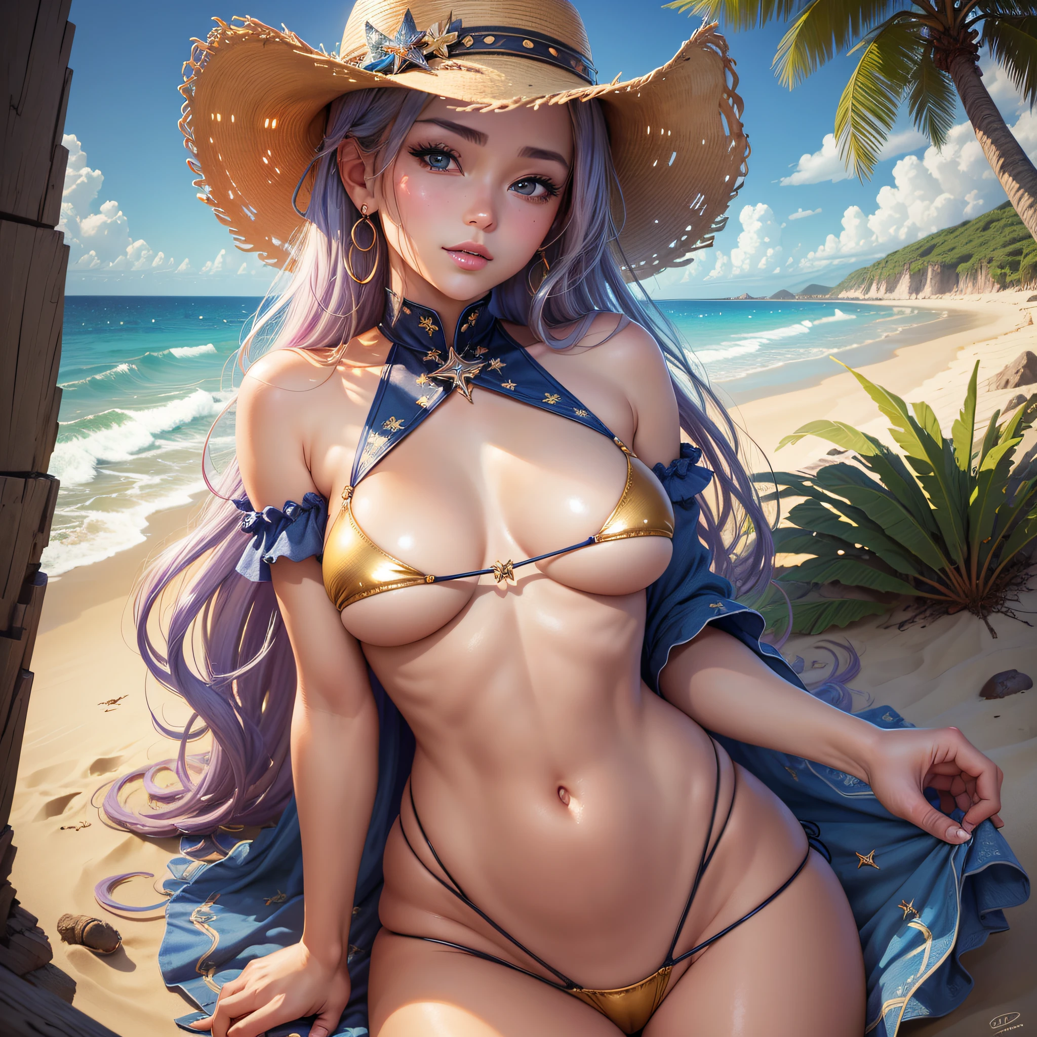 Masterpiece, Top Quality, Super Definition, Illustration, One Girl, (Cowboy Shot: 1.4), (Viewer's POV: 1.4), Micro Bikini, Beautiful eye for details, Beautiful shine in every detail, Lots of sparkle, Seascape, Beach, Sand, Yame Yukana --auto --s2