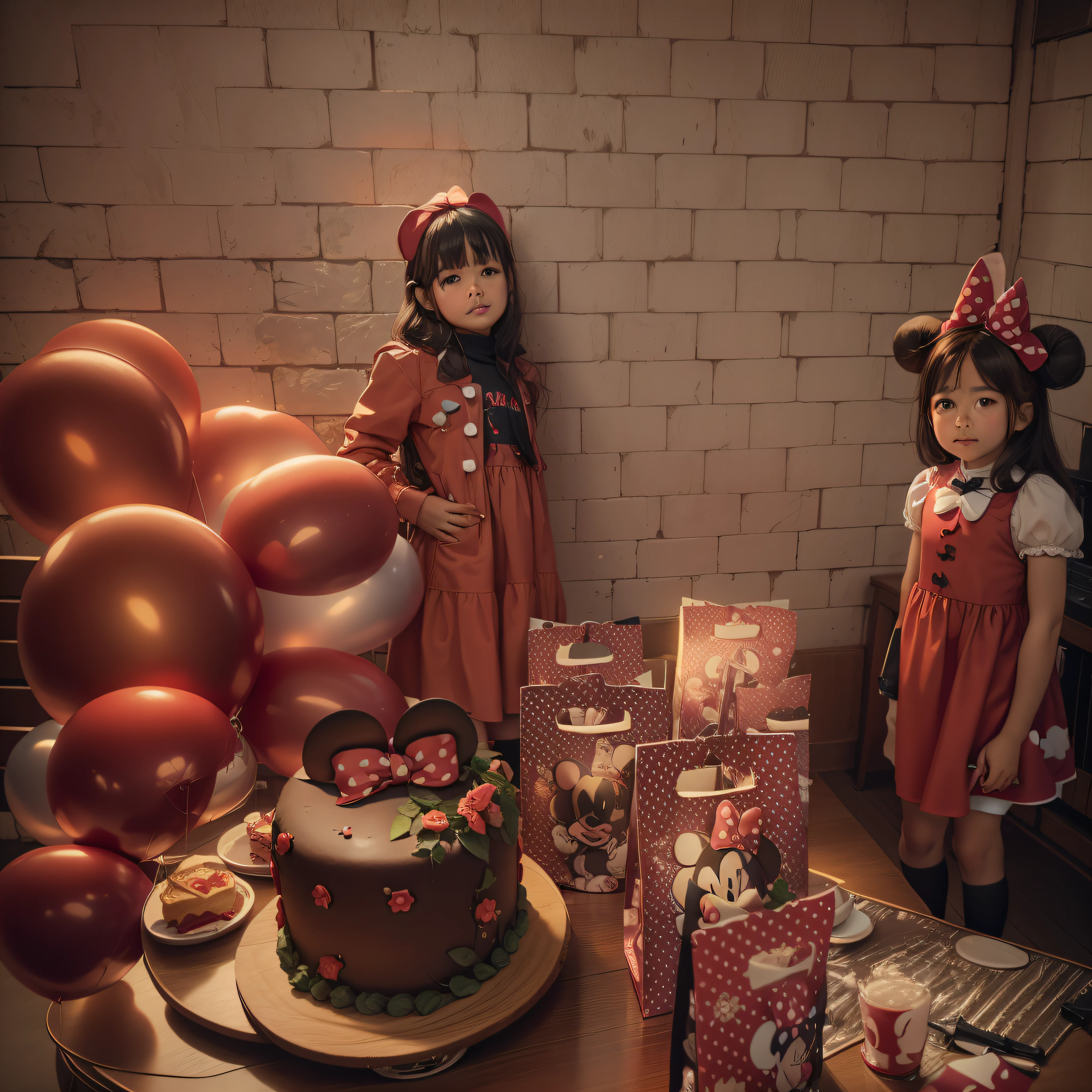 there is a girl standing in front of a table with a cake, 2 , minnie mouse, birthday party, at a birthday party, dressed in red paper bags, 5 years old159, hana alisa omer, by Nándor Katona, cute mini style katelynn, 5 years old --auto -