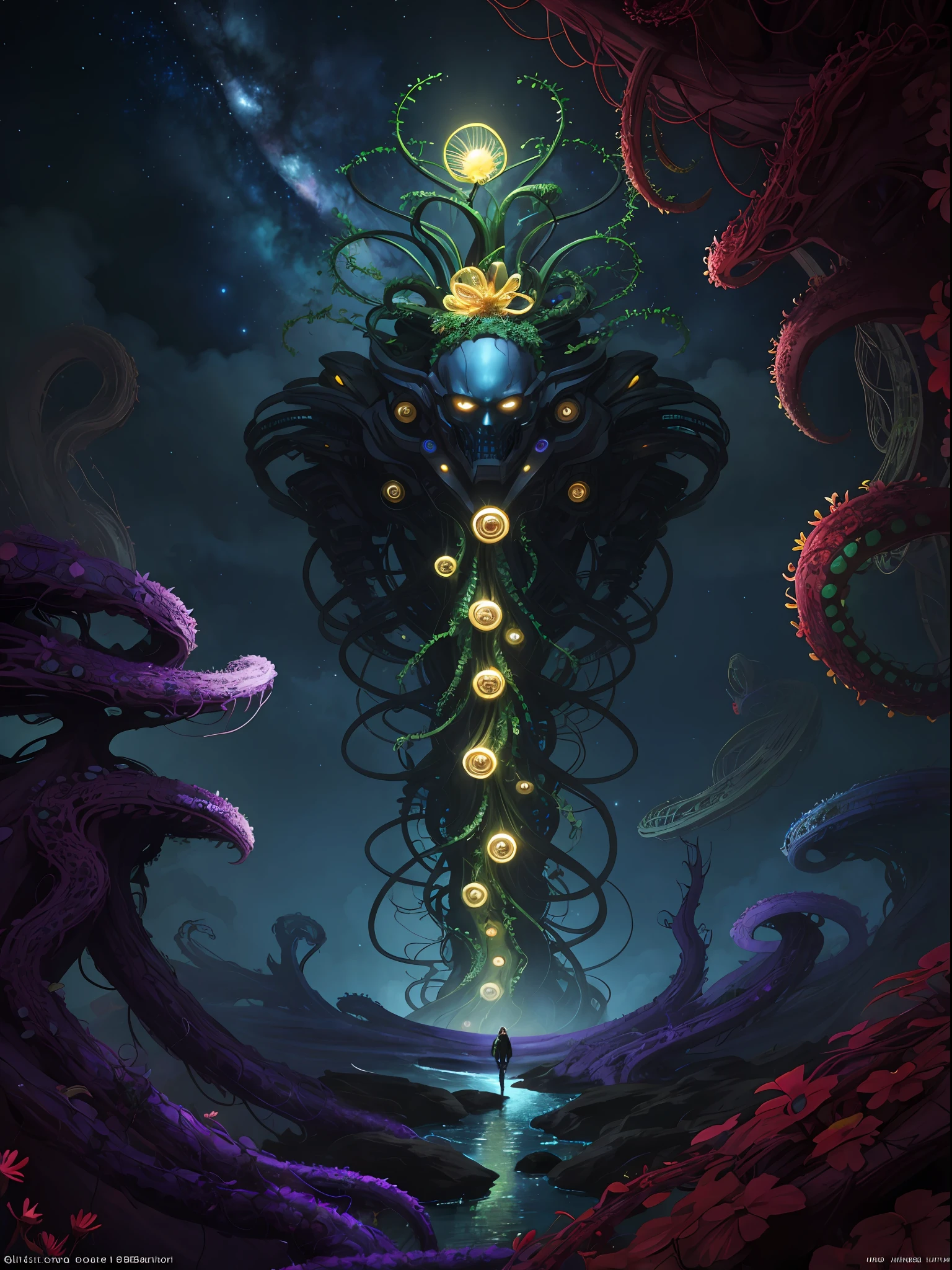 ((best quality)), ((masterpiece), (high detail), (highres), looking up at the infinite length of the universe, endless galaxies, dangerous black holes, exploding supernovae, floating stars, endless staircase, nebula, ominous, cinematic atmosphere, negative dark mode, mc escher, senseijaye art, matrix atmosphere, digital code rotation, matte painting, A golden pearl in a mecha suit sits on a jungle vine, colorful poisonous flower vines, surrounded by hordes of red tentacles, antennae: 1.5), hordes of tentacles in the background, fluffy, detailed, cinematic lighting, vibrant nature, volumetric light, trends on artstation, Octane rendering.", trends on artstation, sharp focus, studio photos, intricate details, very detailed, ((fantasy)), intricate, Unreal Engine,
