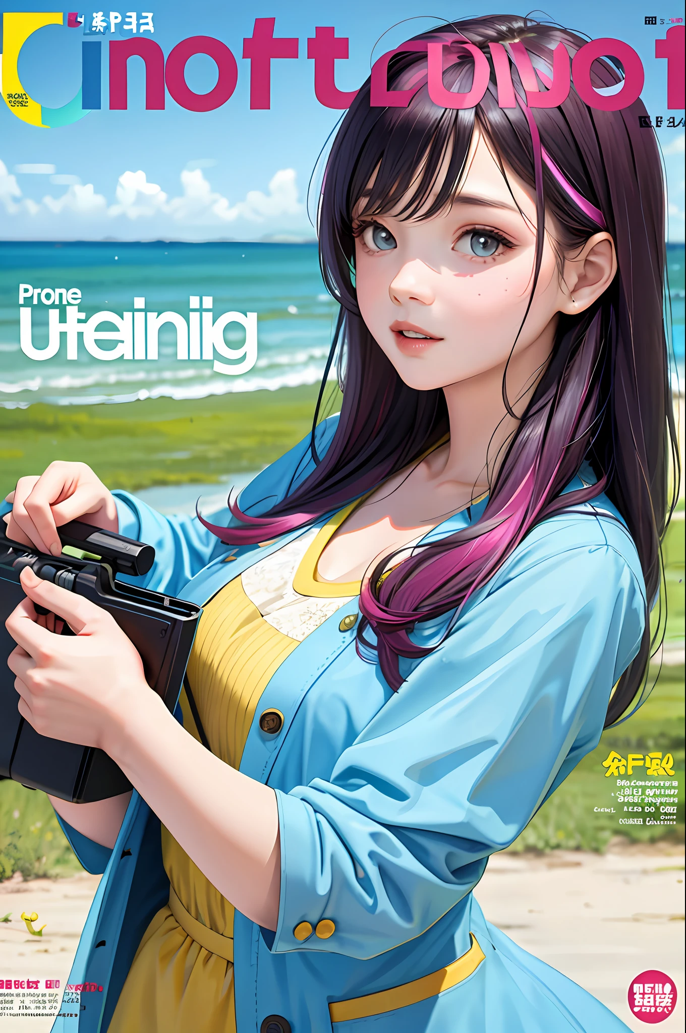 masterpiece, best quality, spring outfit, colorful hair, outdoor, magazine cover ,upper body,