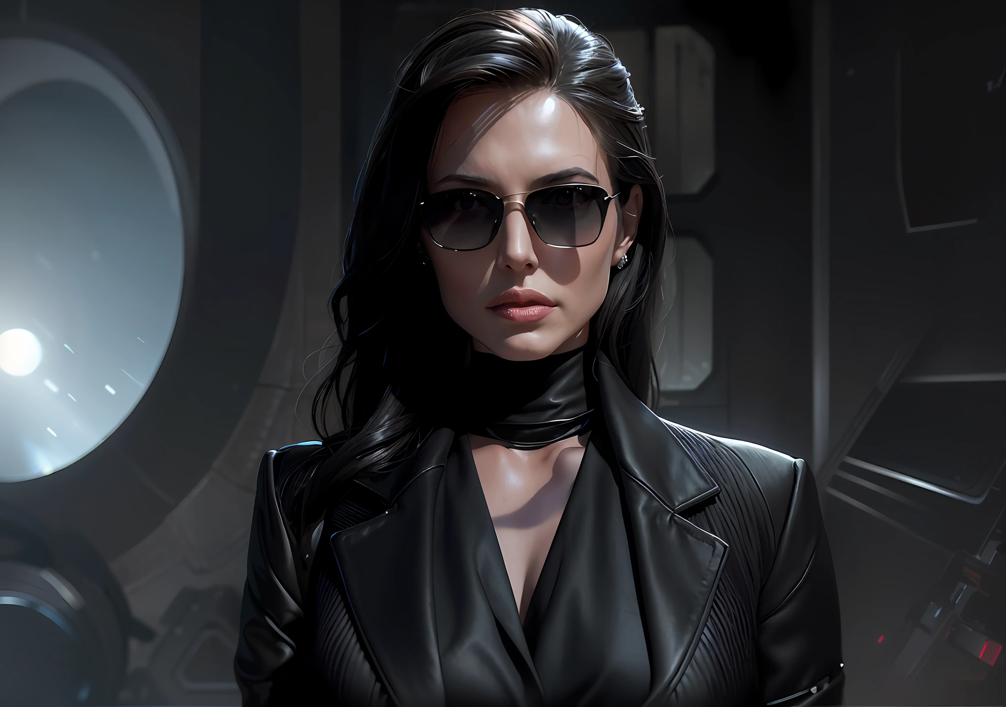 There's a woman in a black suit and sunglasses posing for a photo (no scarf), female spy, Trinity of the Matrix, fan art, portrait of Martin Ansin, female main character, villainy, portrait of Angelina Jolie, digital art of an elegant, an imperial Star Wars agent, beautiful female neuromancer, stunning character art, stunning digital illustration