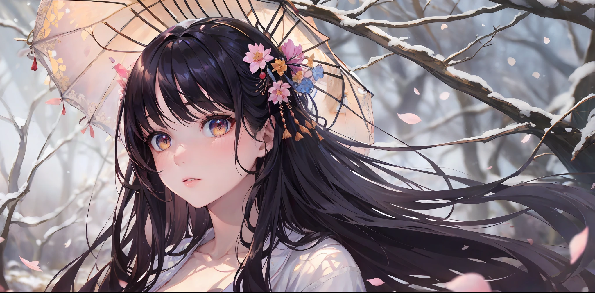 There is a woman in red dress holding a white umbrella, wild snow scene, a girl in Hanfu, Hanfu, Chinese girl, Chinese woman, Chinese style, white Hanfu, red shawl, snowing, distant scene one A peach blossom tree, full of peach blossoms, a few villages of peach blossoms stretching down from the close-up view, a lot of peach petals floating in the air, heavy snow with goose feathers, 2 colorful butterflies flying, traditional Chinese clothing, cover photo Du's portrait Juan, portrait photo, China Princess, wearing red cheongsam, inspired by Tang Yifen, black haired goddess, beautiful brunette girl, oriental girl, master work, best picture quality, higher quality, high detail, super high resolution, 8k resolution, depth of field, Cinematography, Intricate detail, Elaborate, Meticulous, Magnificent, Maximum detail, Extreme beauty, (((1girl, solo))), 18age, Long hair, Black hair, White skin, Realistic, Masterpiece, (best picture quality), higher quality, high detail, super high resolution, panorama, exquisite facial features, perfect face, glowing skin, dreamy background, women, girls, angels, mini girls, goddesses, poets, shy, Surprise, shoulder-length hair, black hair, sharp and clear focus, three-dimensional silhouette, correct proportions, realistic portrait, face close-up, a very temperamental beautiful girl, slender figure, exquisite facial features, flowing long hair, Black hair, extremely detailed hair description, (collarbone), perfect face, clean and flawless face, long eyelashes, light pink eye shadow, shallow dimples, blush, watery big eyes crystal clear, delicate cream Glowing skin like skin, detailed skin details, CFG scale: 8,(A beautiful girl with large breasts and a wisteria flower in her hair),(she wears a white bikini and has her lips slightly parted),(her navel is visible as she stands surrounded by alraune plants), a dream-like atmosphere with vibrant colors and soft lighting, red hair, yellow detailed eyes