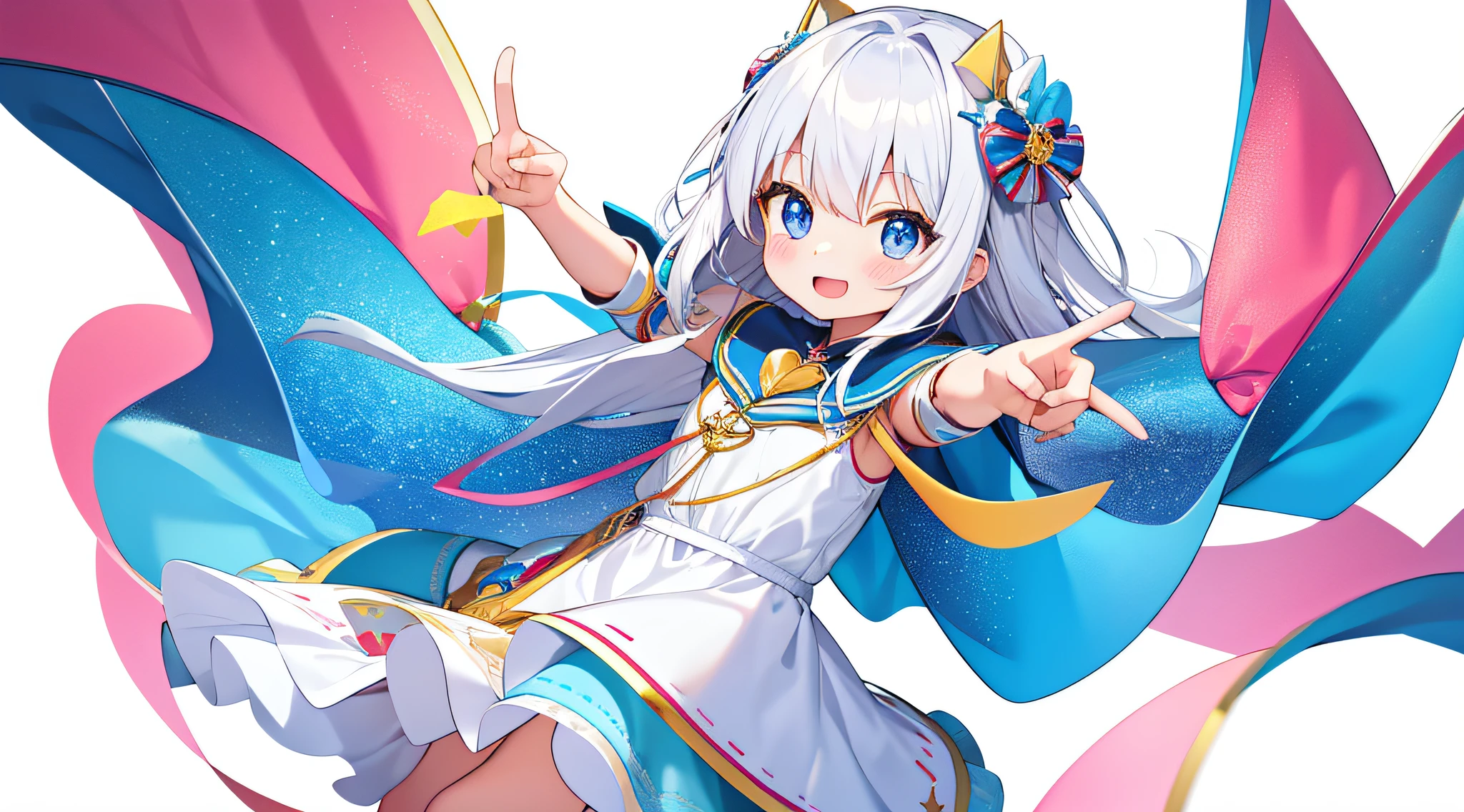 , heart dance, heart flying around, stars twinkling eyes, solo focus, (white white background: 1.3), full body, dancing, cute dress, peace sign,