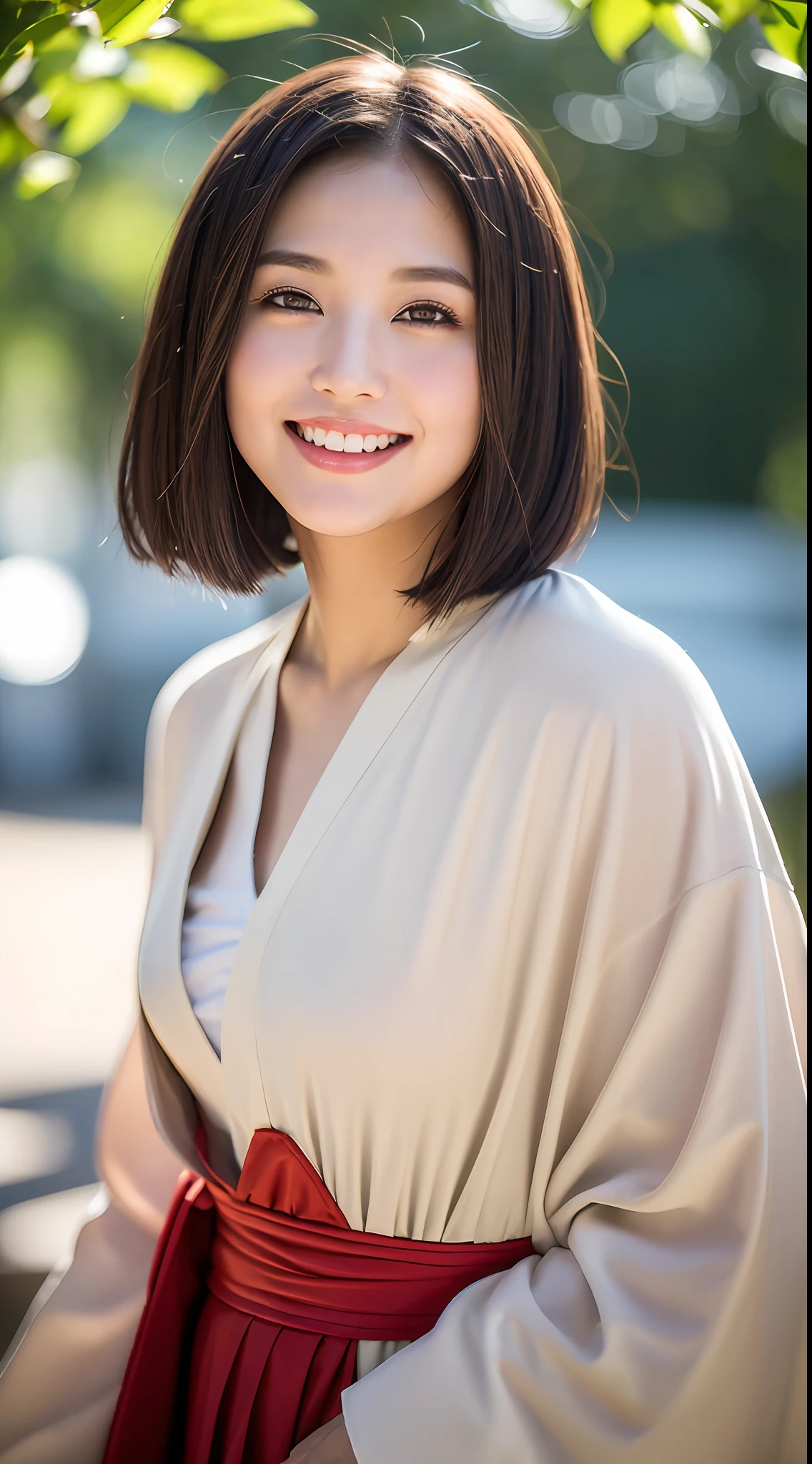 Priestess of the Japan, (8k, RAW photo, best quality, high resolution: 1.1), (ultra-realistic: 1.4), (realistic, photorealistic: 1.3), soft light, big girl, realistic face, realistic body, realistic skin, absurdity, masterpiece, (cute: 1.8), cuties, solo, (large: 1.2), detailed black eyes, innocent eyes, cheeks, (priestess attire: 1.2), Cinema Light, Film Grain, (((Short Bob Hair: 1.1)), Cherry Colored Lips, Close-up, Look Viewer, Upper Body, Open Lips, Upper Teeth, (Smiling Eyes: 0.6), ((grinning: 1.2)), Depth of Field, Blurred Background, Eye Focus, Bokeh, Young, Shrine, 85mm Lens, f/1.4, Professional Lighting, Young, Portrait, Photon Mapping, Radiosity, physically based rendering