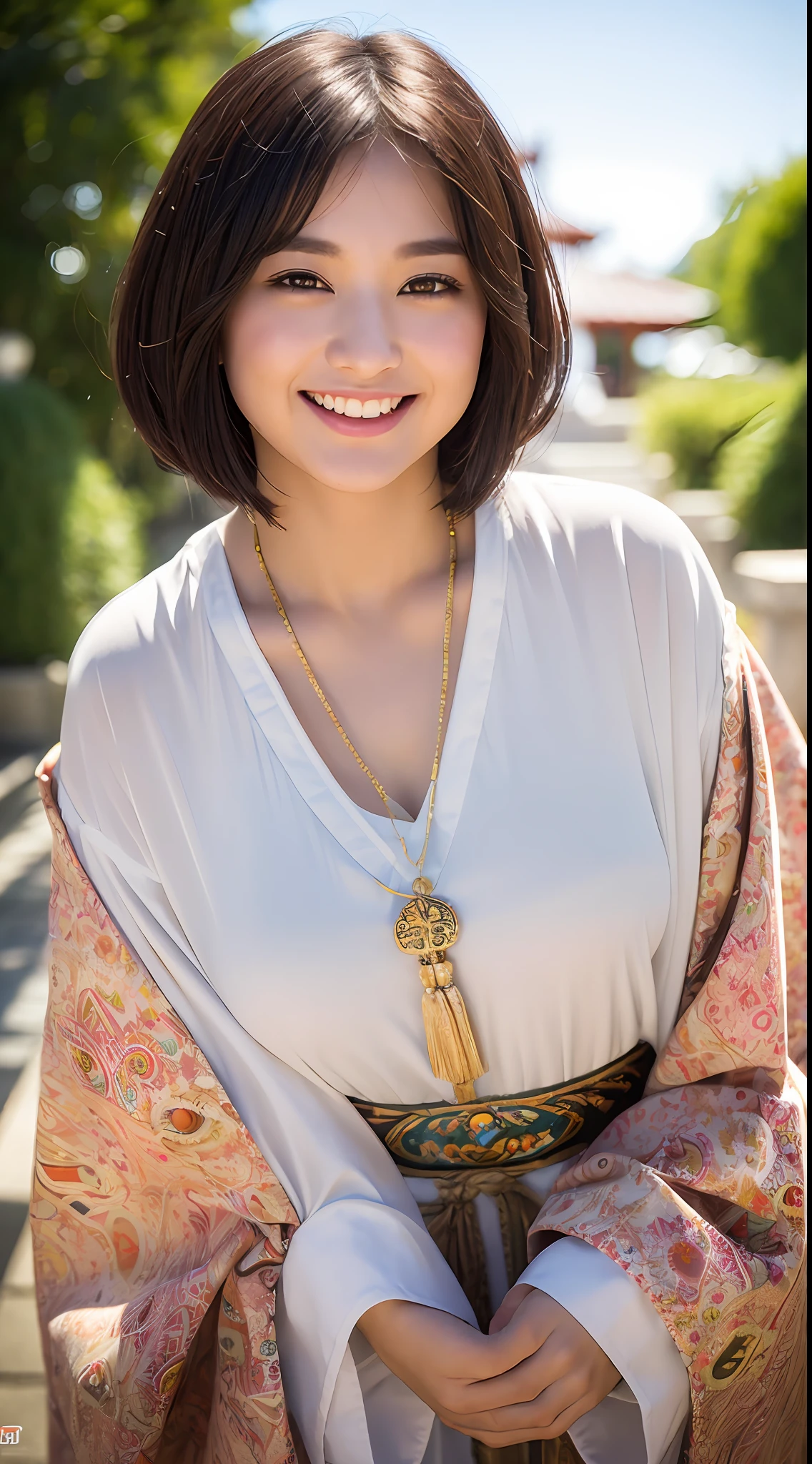 Priestess of the Japan, (8k, RAW photo, best quality, high resolution: 1.1), (ultra-realistic: 1.4), (realistic, photorealistic: 1.3), soft light, big girl, realistic face, realistic body, realistic skin, absurdity, masterpiece, (cute: 1.8), cuties, solo, (large: 1.2), detailed black eyes, innocent eyes, cheeks, (priestess attire: 1.2), Cinema Light, Film Grain, (((Short Bob Hair: 1.1)), Cherry Colored Lips, Close-up, Look Viewer, Upper Body, Open Lips, Upper Teeth, (Smiling Eyes: 0.6), ((grinning: 1.2)), Depth of Field, Blurred Background, Eye Focus, Bokeh, Young, Shrine, 85mm Lens, f/1.4, Professional Lighting, Young, Portrait, Photon Mapping, Radiosity, physically based rendering