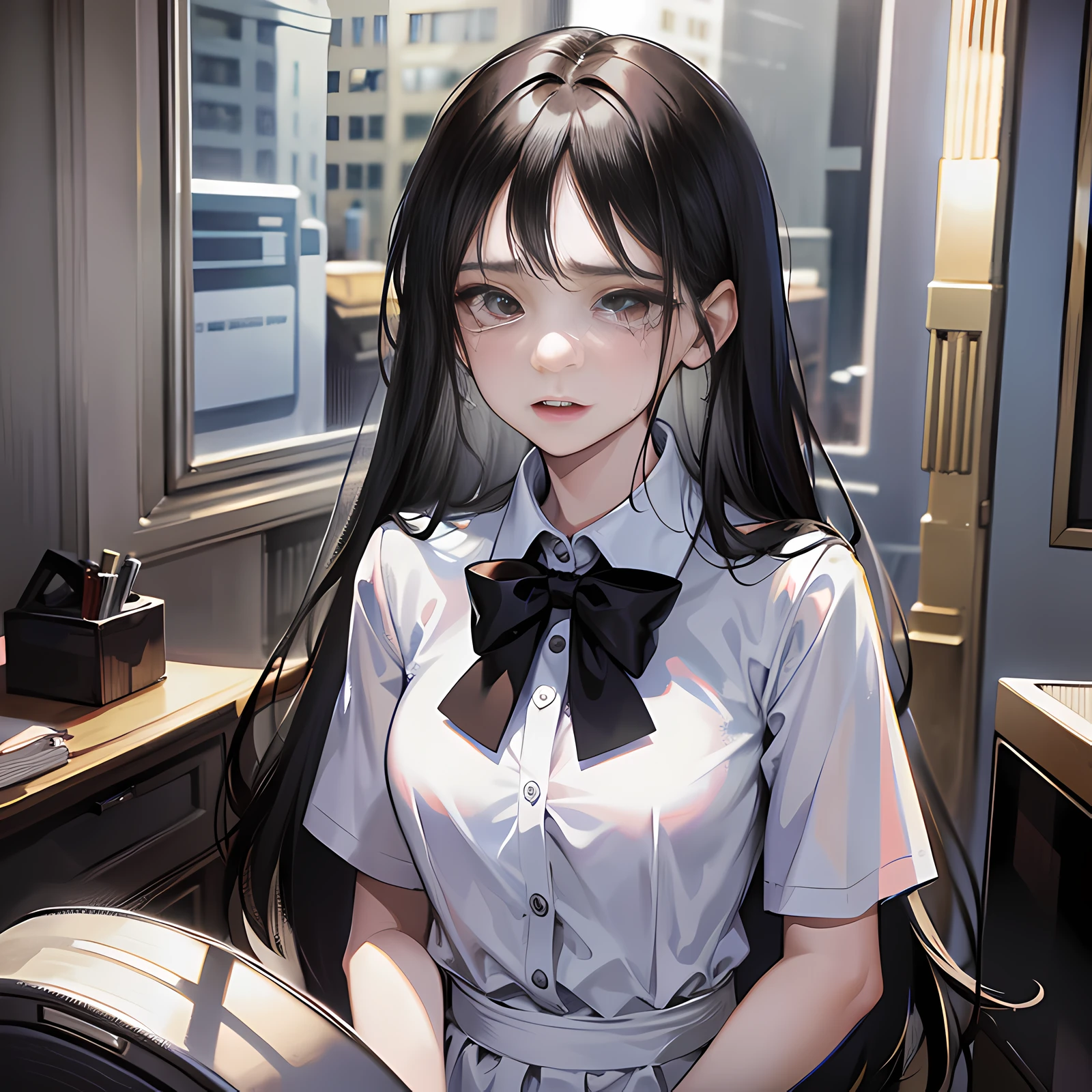 In the courthouse, in the seat, there is a girl standing up, long black hair, crying, tears, angry, super detailed, 4k, white, no bow tie, super details,