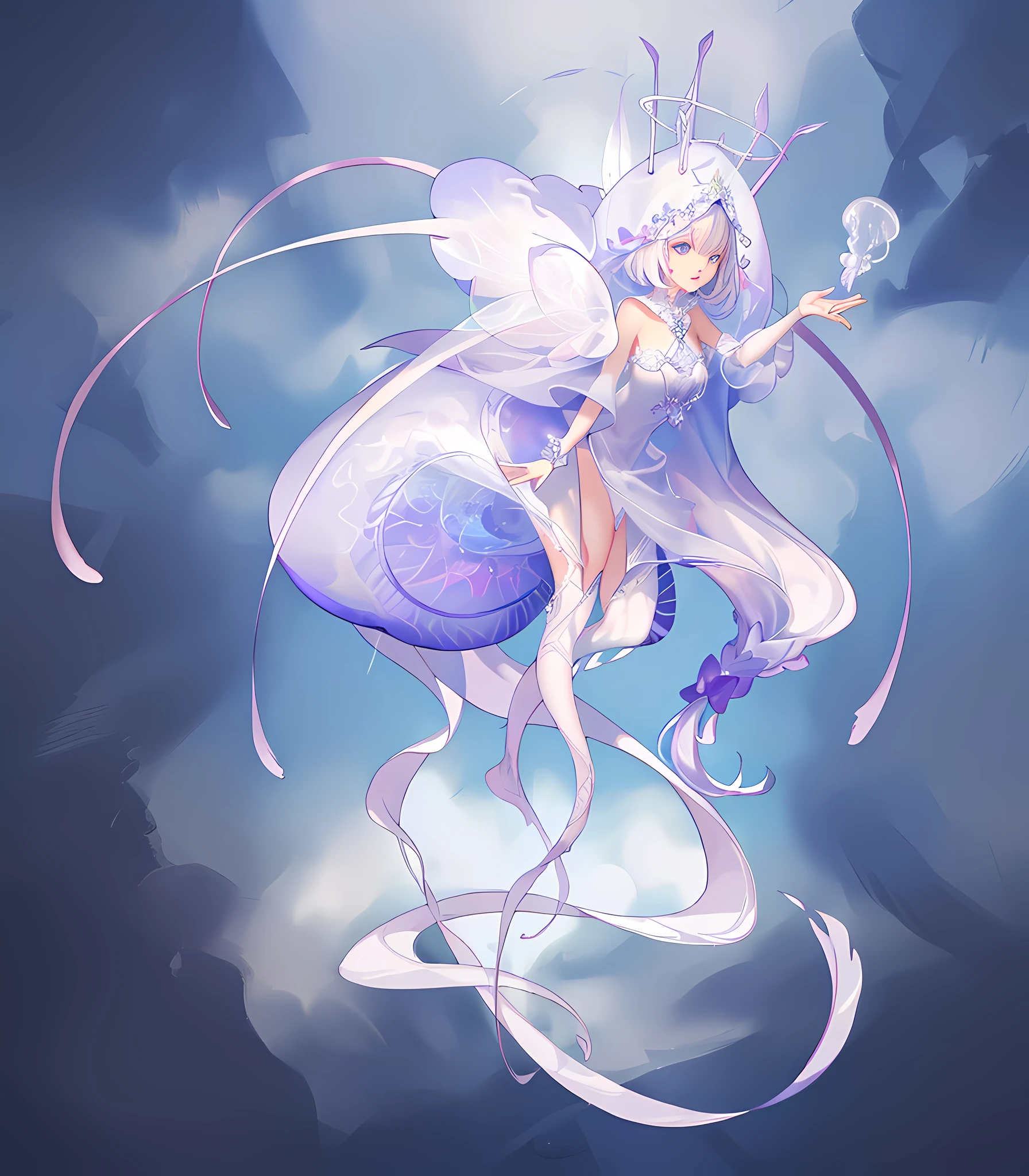 Anime characters with white dress and purple cape, jellyfish priestess, ice witch, white haired god, astral fairy, anime goddess, spirit fantasy concept art, jellyfish shrine girl, white witch, jellyfish god, ((character concept art)), standing painting, high quality,