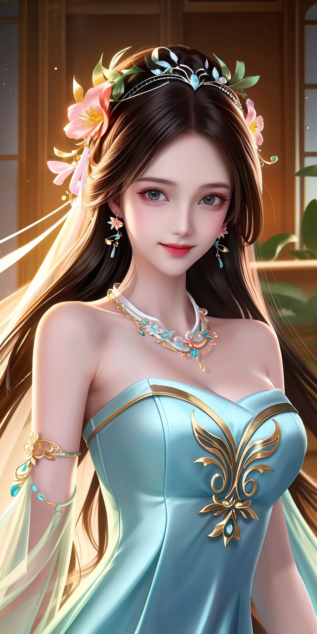 Best Quality, Masterpiece, High Resolution, 1girl, Clear Silk Porcelain Dress, Pretty Face, Hair Accessories, Look at the Audience, Smile, Close Mouth, Lips, Dress, Hair Accessories, Necklaces, Jewelry, Long Hair, Earrings, Beautiful Face, Body, Tindal Effect, Realism, Shadow Studio, Edge Lighting, Two-Color Lighting, (High Detail Skin: 1.2), 8k UHD, DSLR, Soft Light, High Quality, Volume Lighting, Photo, High Resolution 4K, 8k, Blurred Background