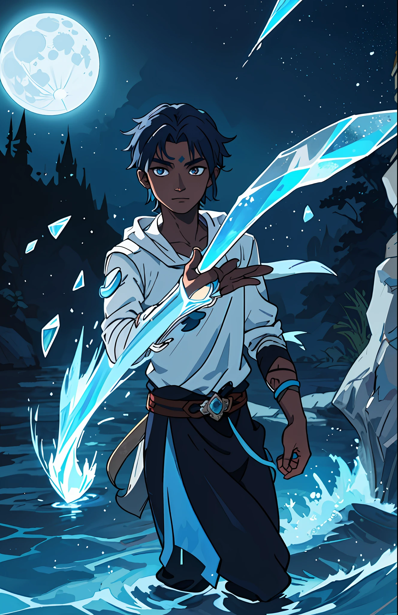 Luegui, a young half-Wizard and half-Fairy, has the power of water and the moon, his black skin glows in the moonlight, his silver eyes, show to anyone his power linked to the moon, his crystal blue hair, had a silver lock.