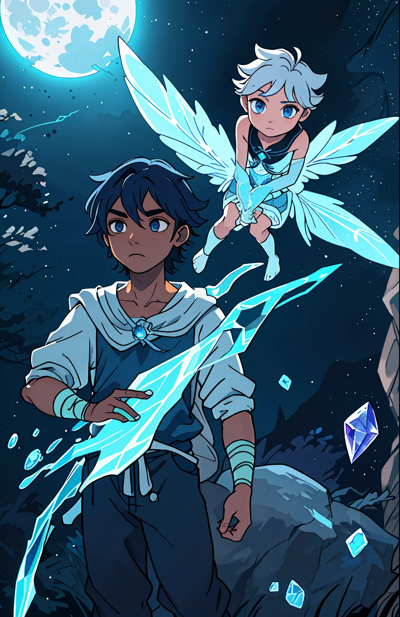 Luegui, a young half-Wizard and half-Fairy, has the power of water and the moon, his black skin glows in the moonlight, his silver eyes, show to anyone his power linked to the moon, his crystal blue hair, had a silver lock.