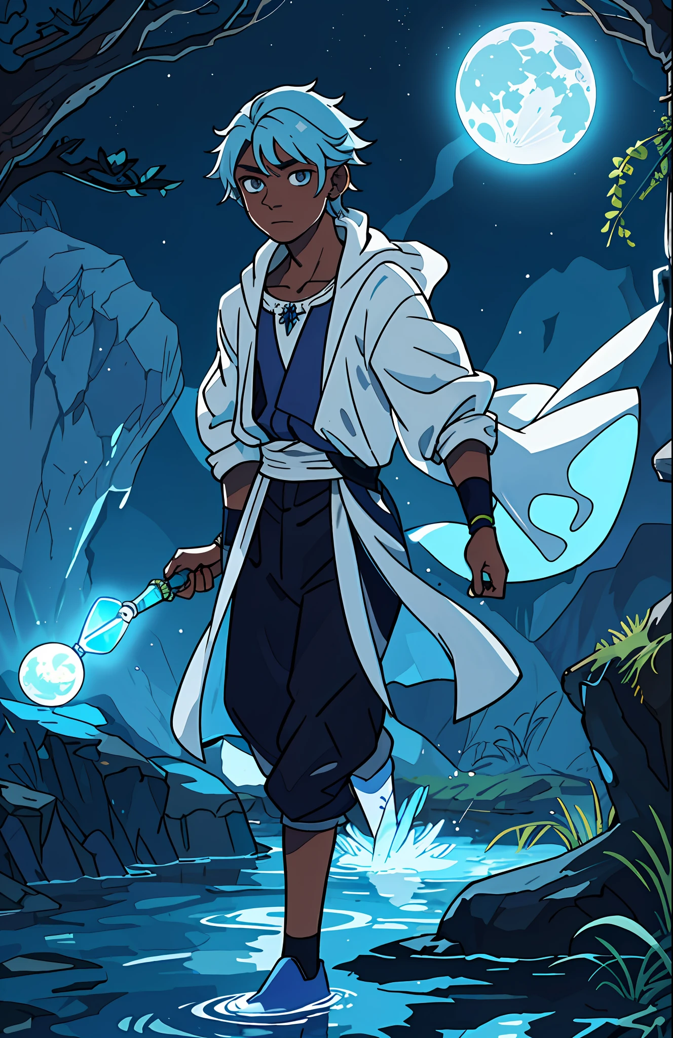 Luegui, a young half-Wizard and half-Fairy, has the power of water and the moon, his black skin glows in the moonlight, his silver eyes, show to anyone his power linked to the moon, his crystal blue hair, had a silver lock.
