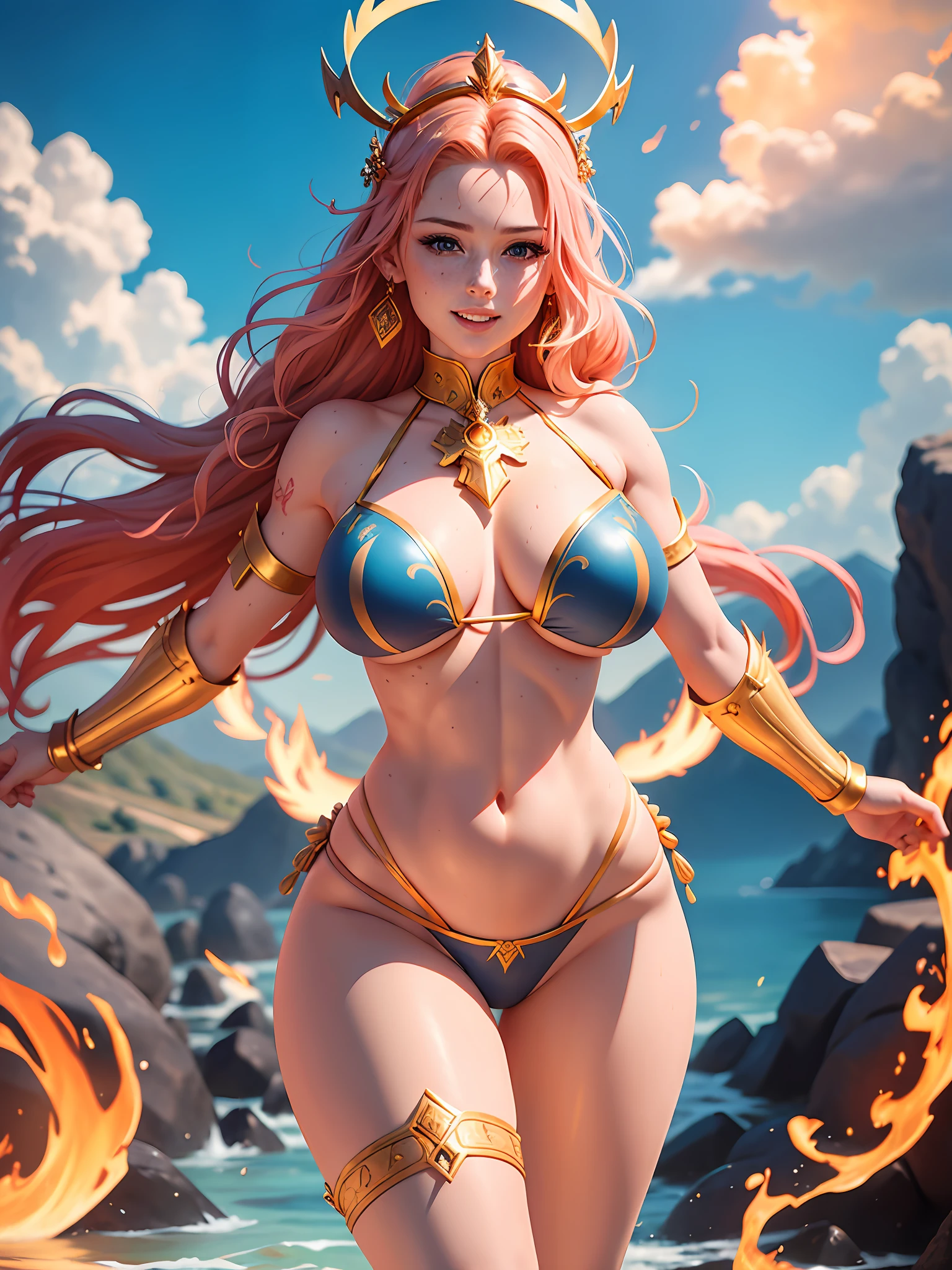Hand-drawn illustration of a beautiful fighting warrior with pink hair, dynamic pose, big light blue eyes with brightness, halo, illustration, watercolor sketch, (best quality)), detailed intricate, belly out, thick lips with red lipstick, lightly made up and rosy cheeks, female, thin waist, wide hip, thick legs, defined and delicate body, detailed skin, golden tribal tattoo,  sunny day, blue sky, rays of sun, brightness, smiling, golden tribal tattoo, shiny golden armor with red stones, cheerful, happy, beautiful, full body, mountains in the background, golden aura, rays and fire, crystals, scorpion tattoo on the belly, armor, greek goddess, tiara with jewels, earrings, bright halo, emanating energy, scorpion armor, full body, golden sandals up to the shin,  depth, flames of fire, armor on the arms, armor on the shoulders, armor on the waist, warrior amazon, warrior, amazon, queen, wrapped in transparent fabric, knights of the zodiac, wet, water drops, wet hair, wet skin, rays of light coming out of her clothes, wearing a crown, large breasts, bikini mark, tan, swollen breasts, tanned with bikini mark,  big heaving breasts, tattooed, very large breasts, transparent fabric, fighting pose, catching fire, heaving chest, powerful, power, lightning, fire, balls of light