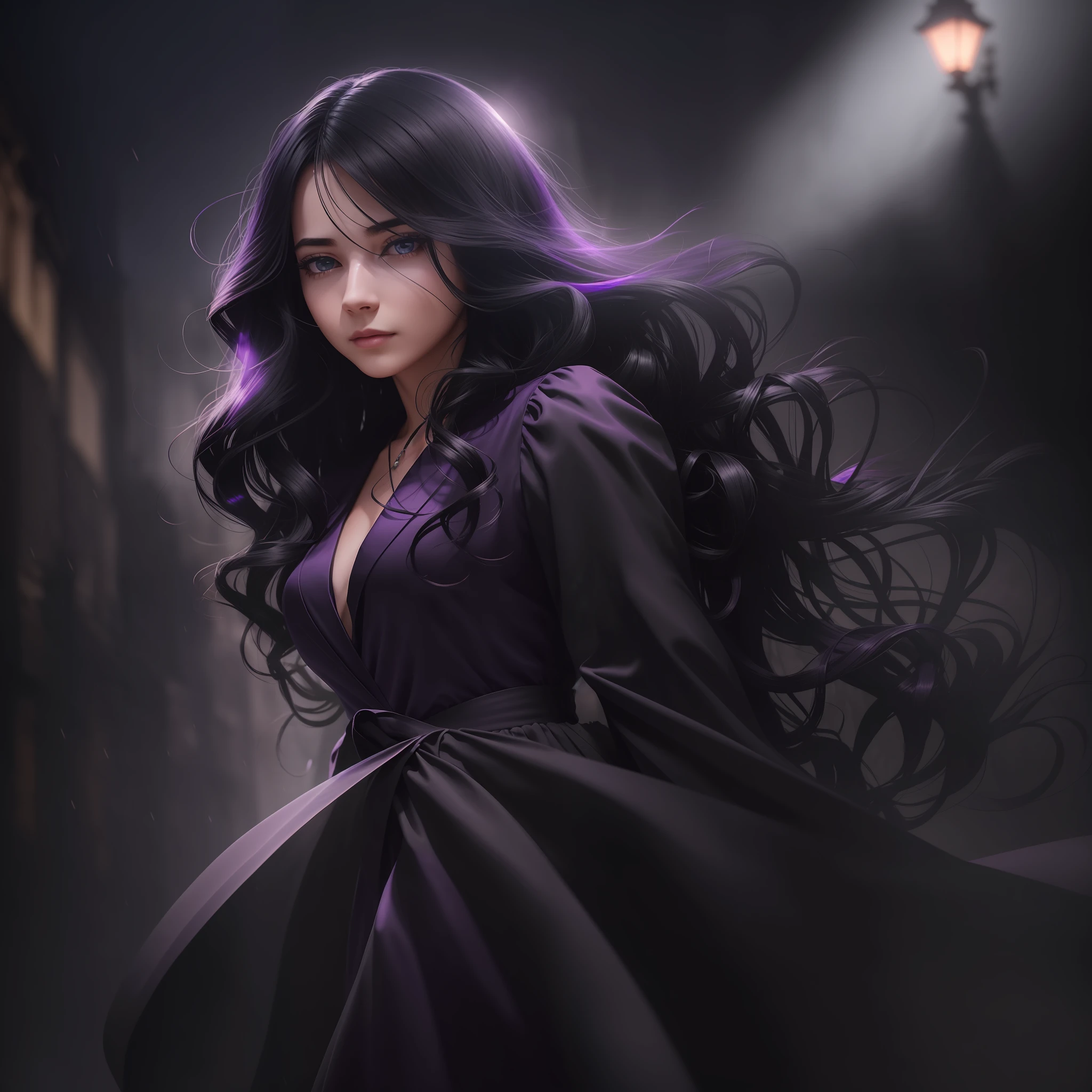 Woman walking head-on down a road at night, with fog and shadows, wavy and long black hair, detailed hand and fingers, high quality, ultra-detailed, 8k, masterpiece, (volumetric lighting), black magic, fanciful, lilac colors, purple, black and vivid shadows on the woman's return. --auto --s2