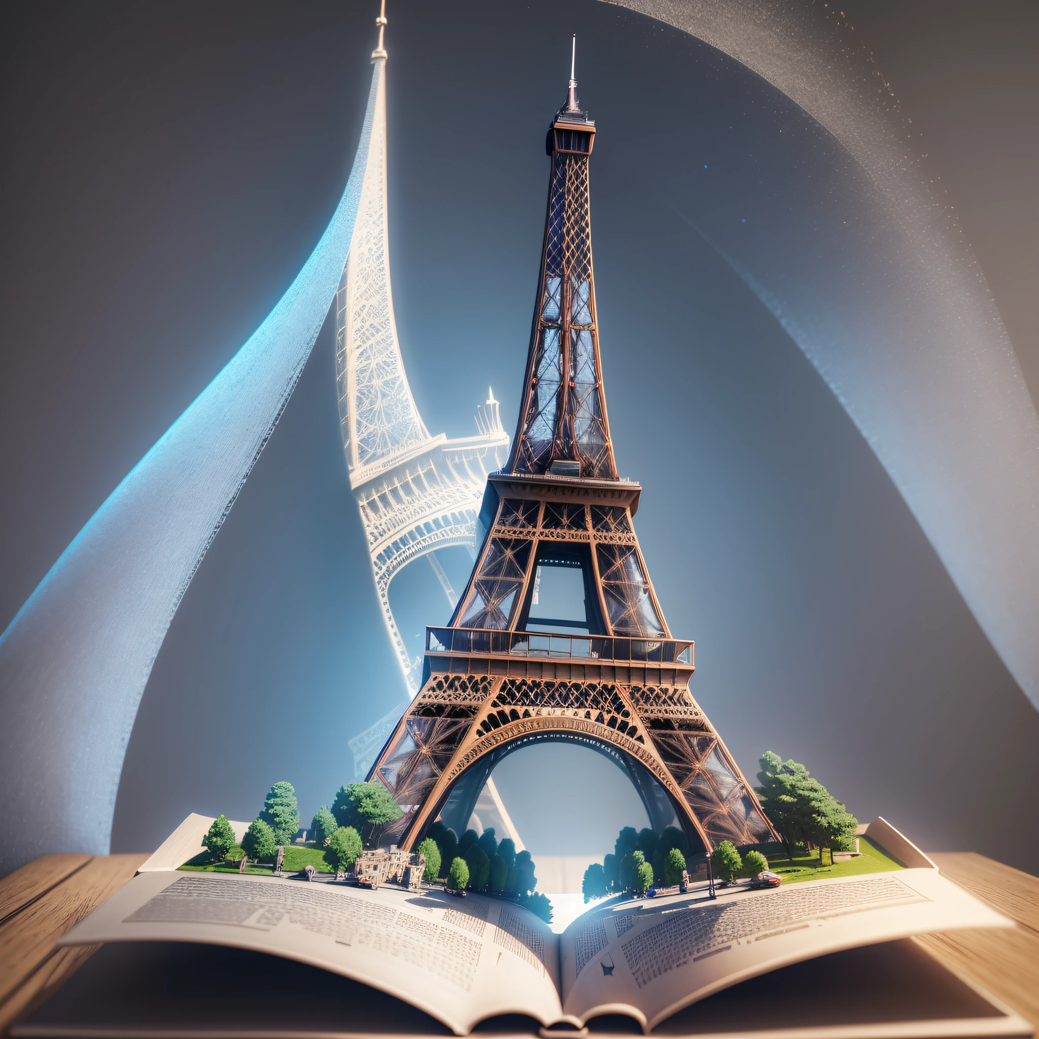 3d model of Eiffel Tower in France grow in Opened magic book, holographic style, ultra detail