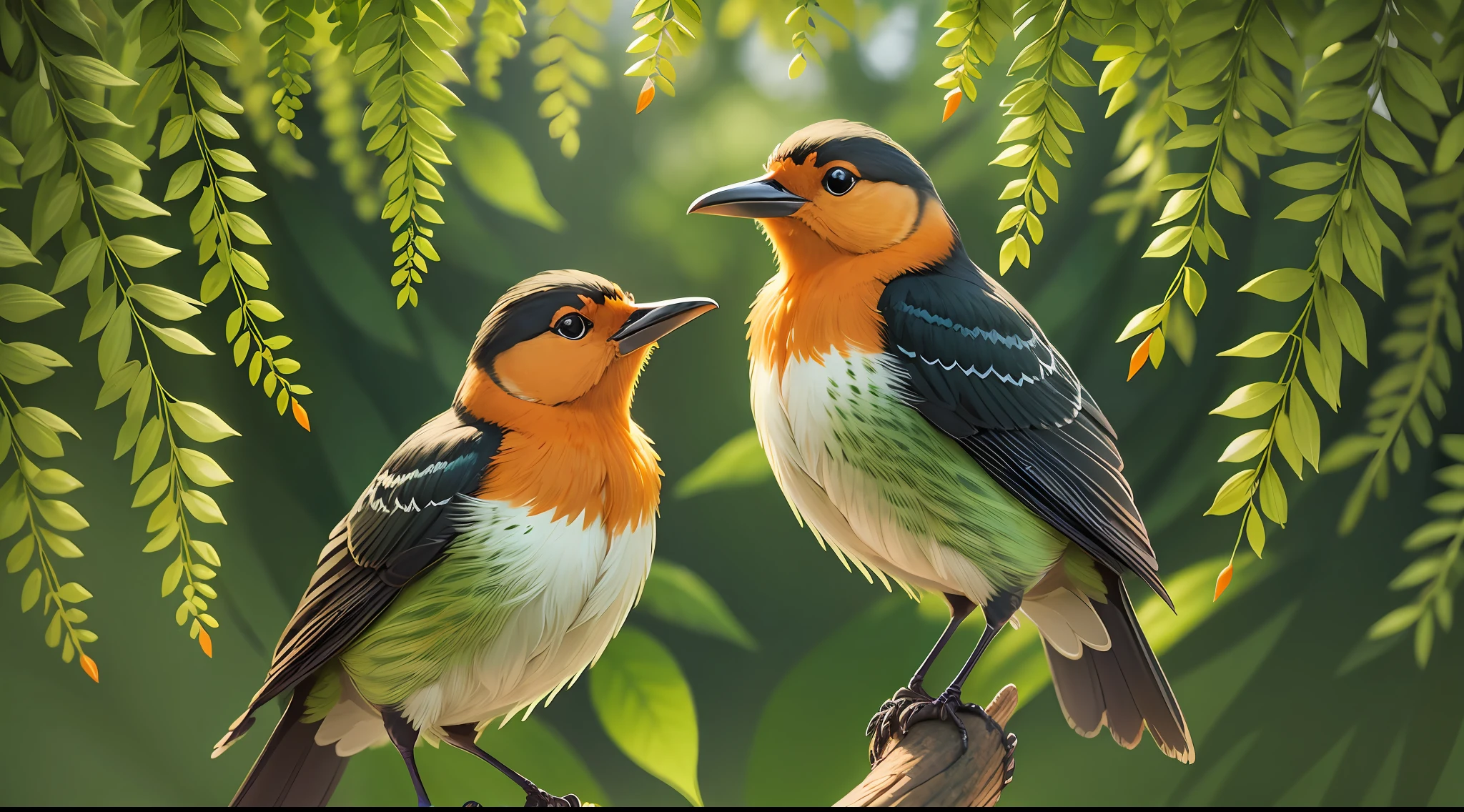 Two orioles singing among bright green willow trees, high detail, real, best quality, super detail, high resolution --auto --s2