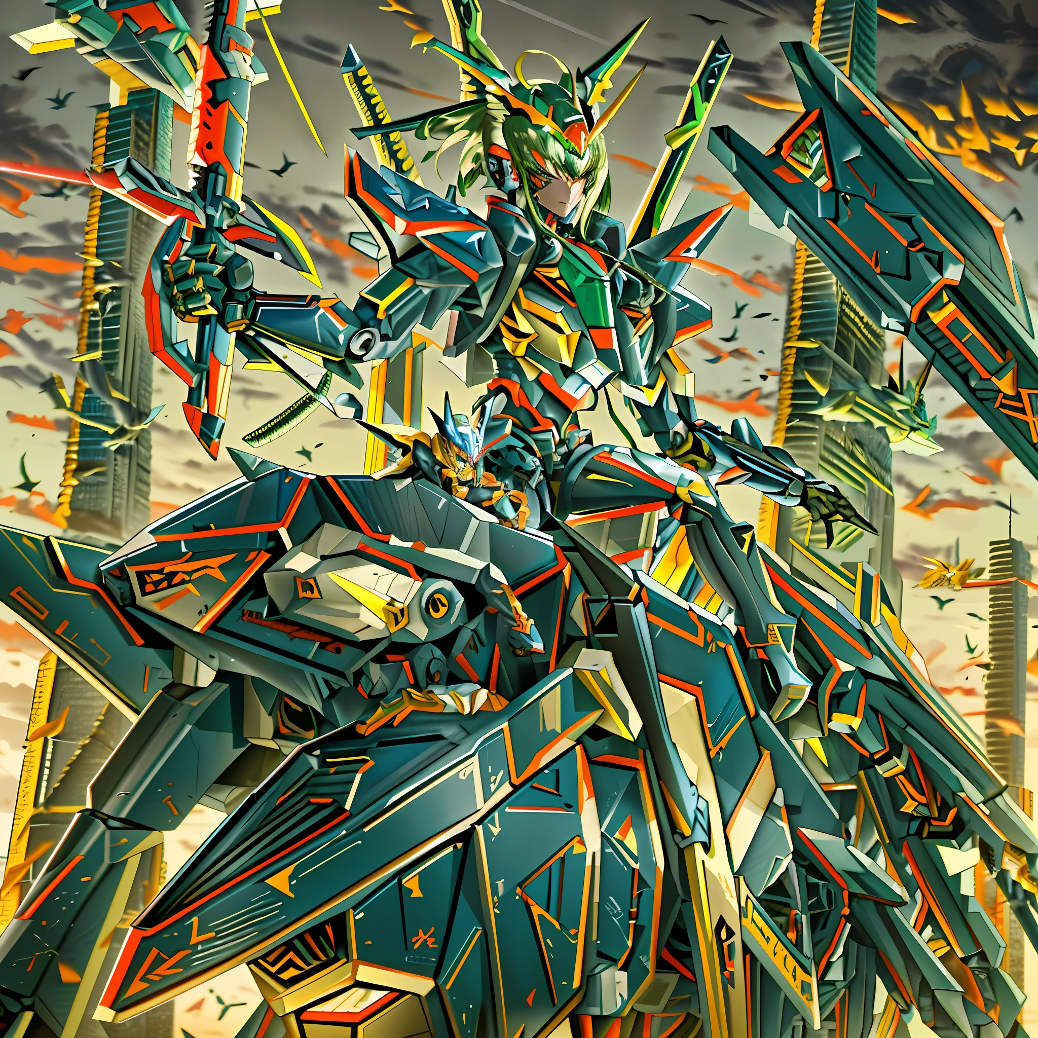 a close up of a person on a horse with a sword, an anime large mecha robot, pterodactyl mecha, alexandre ferra mecha, mechanized valkyrie girl, mecha art, cyberpunk anime girl mech, modern mecha anime, shirow masamune, girl in mecha cyber armor, code geass, cool mecha style