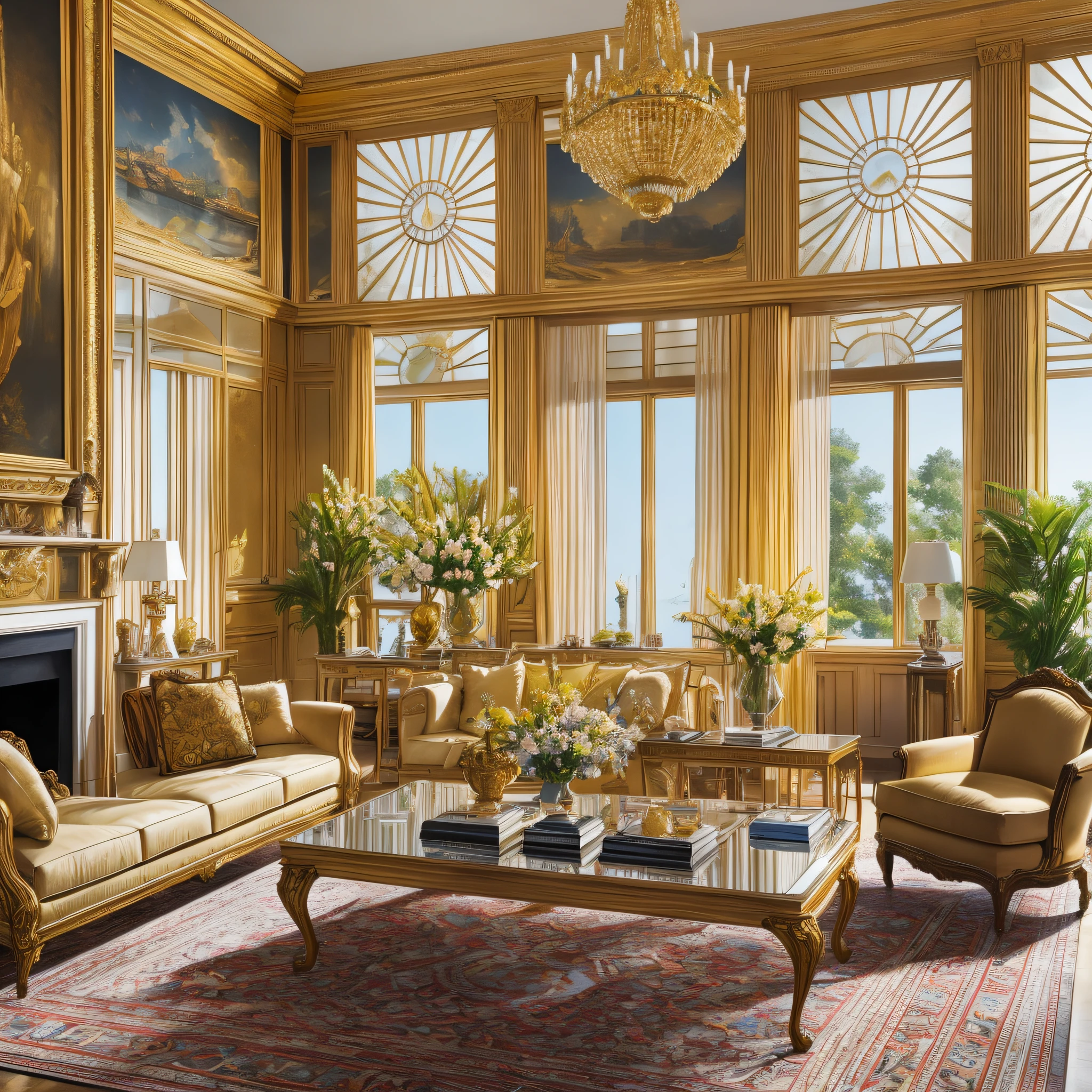 Architectural Digest photo of a living room , golden light, hyperrealistic surrealism, award winning masterpiece with incredible details, epic stunning --auto --s2