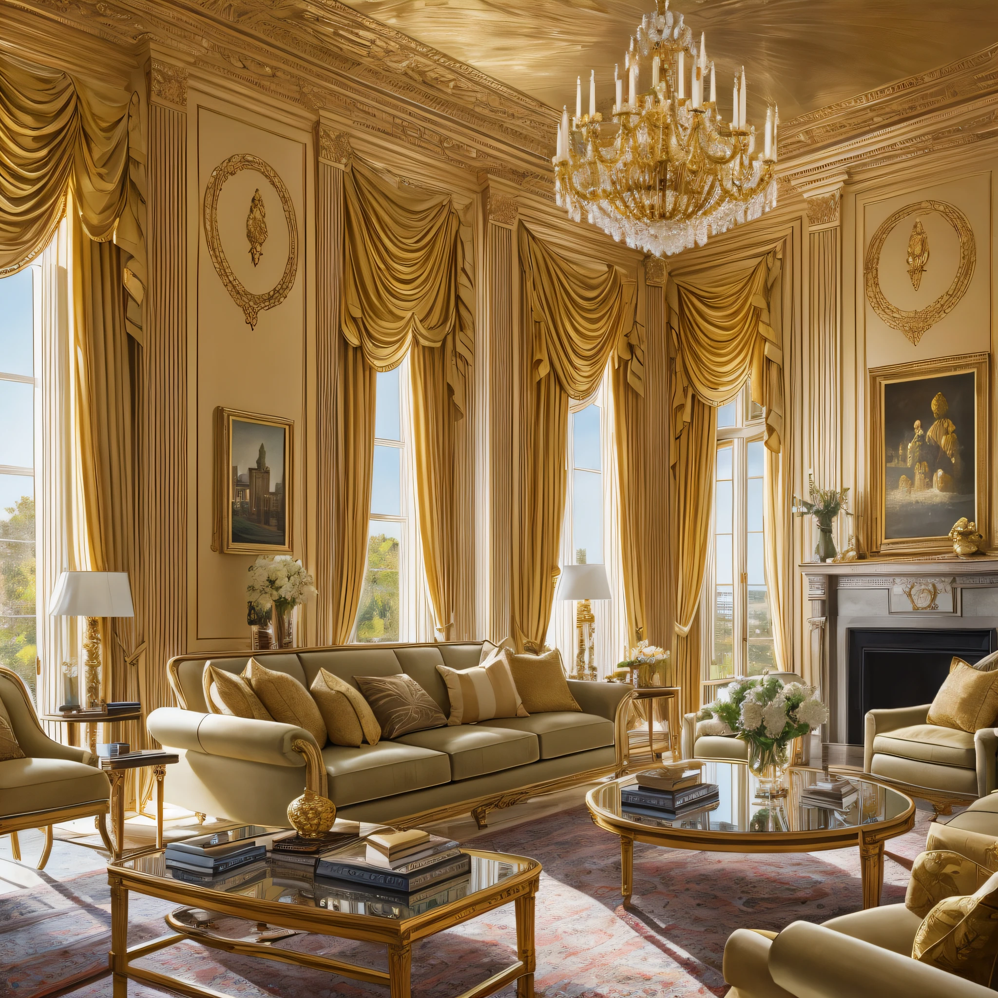 Architectural Digest photo of a living room , golden light, hyperrealistic surrealism, award winning masterpiece with incredible details, epic stunning --auto --s2