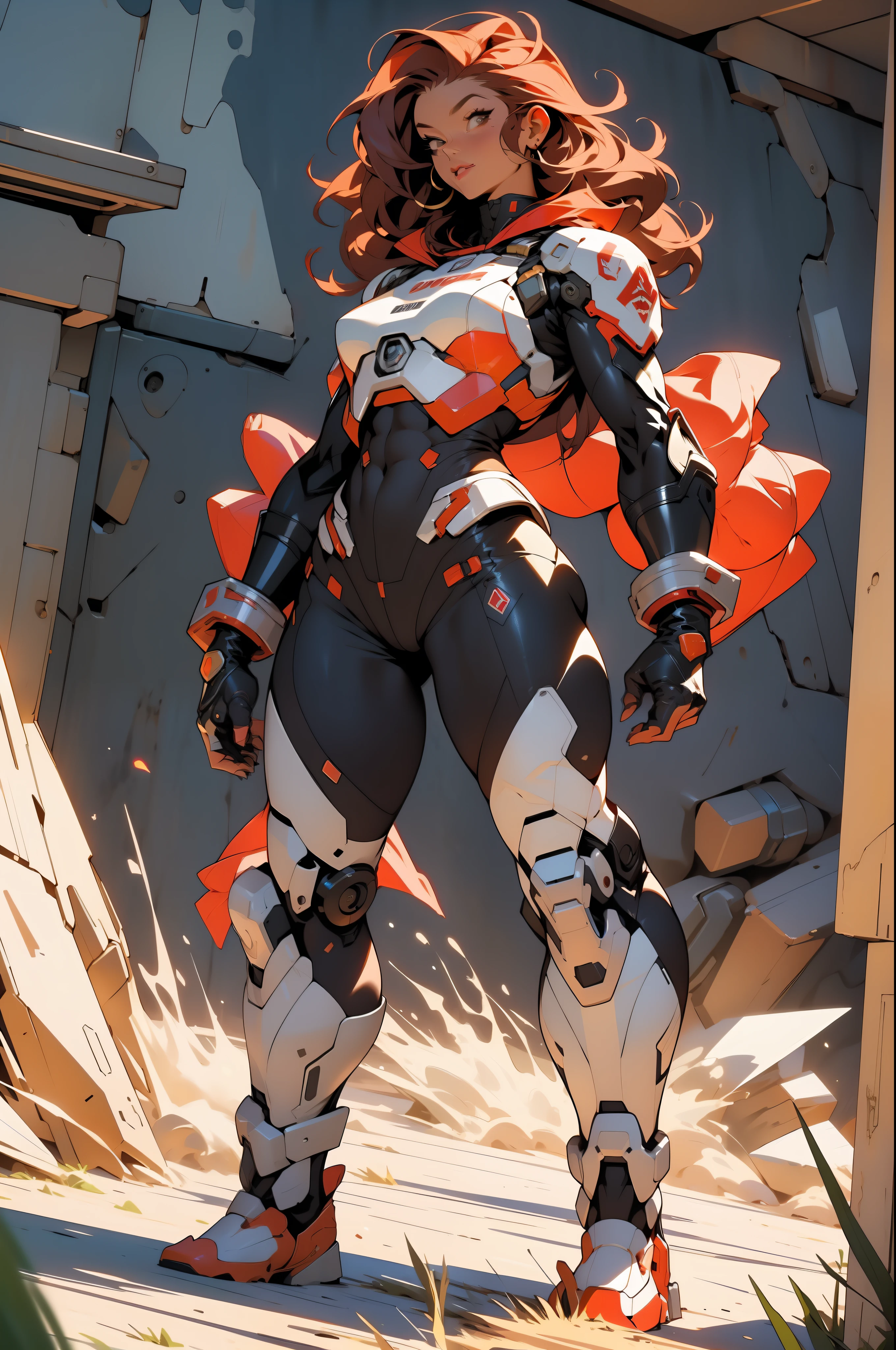 ((Best quality)), ((masterpiece)), (detailed: 1.4), (Absurd), (((full body)), (((woman))), 35-year-old woman, Beautiful muscular woman, giant robot pilot, perfect body savage, wearing little clothes, tiny thong